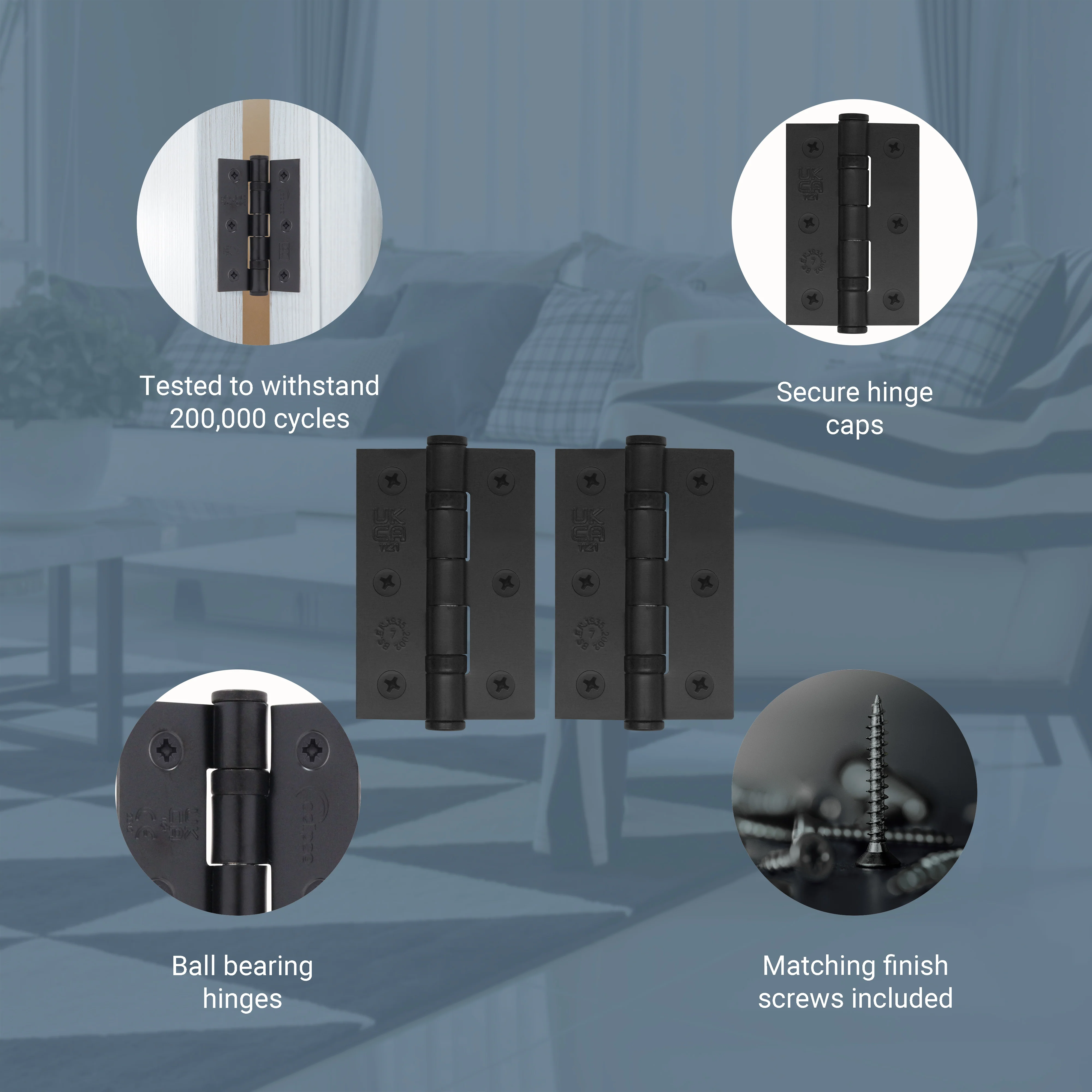 Black Fire Door Hinges - 3 Inch/76mm - Grade 7 Steel Ball Bearing - Pair - Image 4
