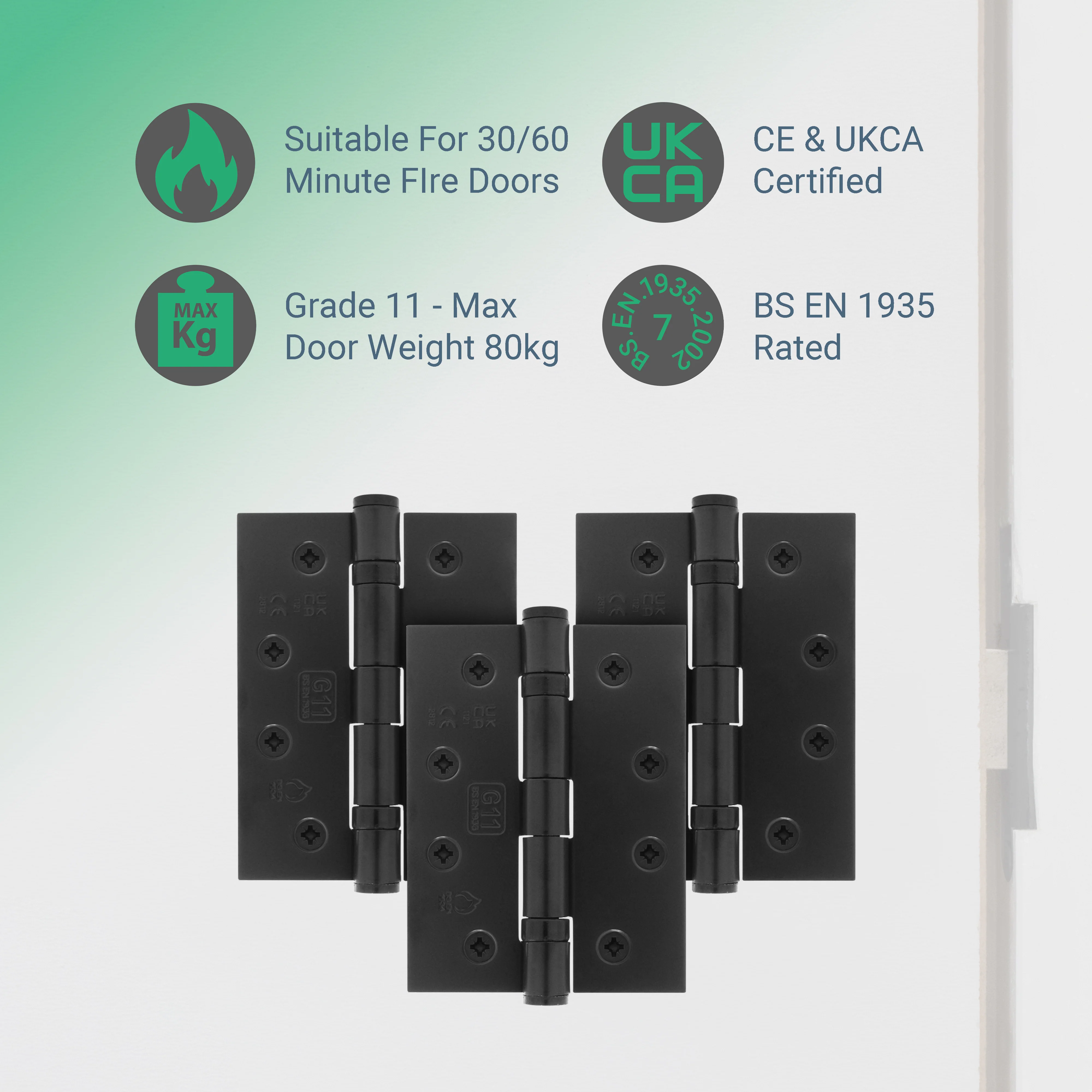 Black Fire Door Hinges – 4 Inch/102mm – Grade 11 Steel Ball Bearing – Pack of 3 Hinges - Image 2