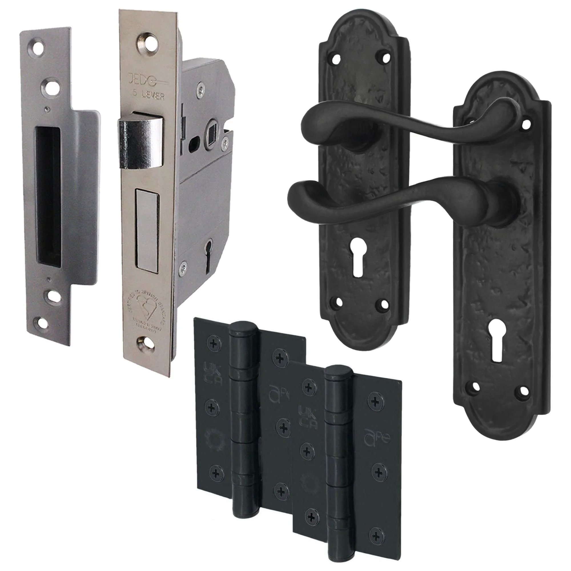 Black Iron Lever Door Handles on Backplate Retro Pattern 5 Lever Lock Set - 170 x 50mm - 66mm Lock x 76mm Hinges