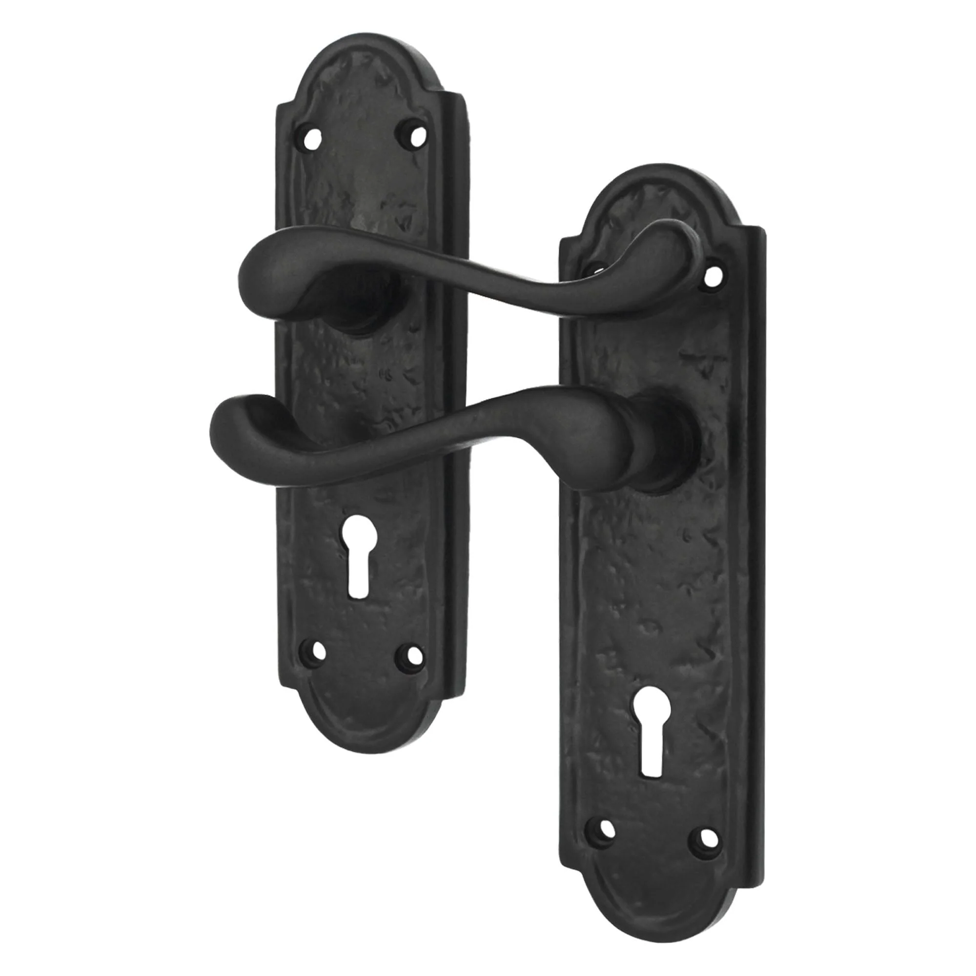 Black Iron Lever Door Handles on Backplate Retro Pattern 5 Lever Lock Set - 170 x 50mm - 66mm Lock x 76mm Hinges - Image 2