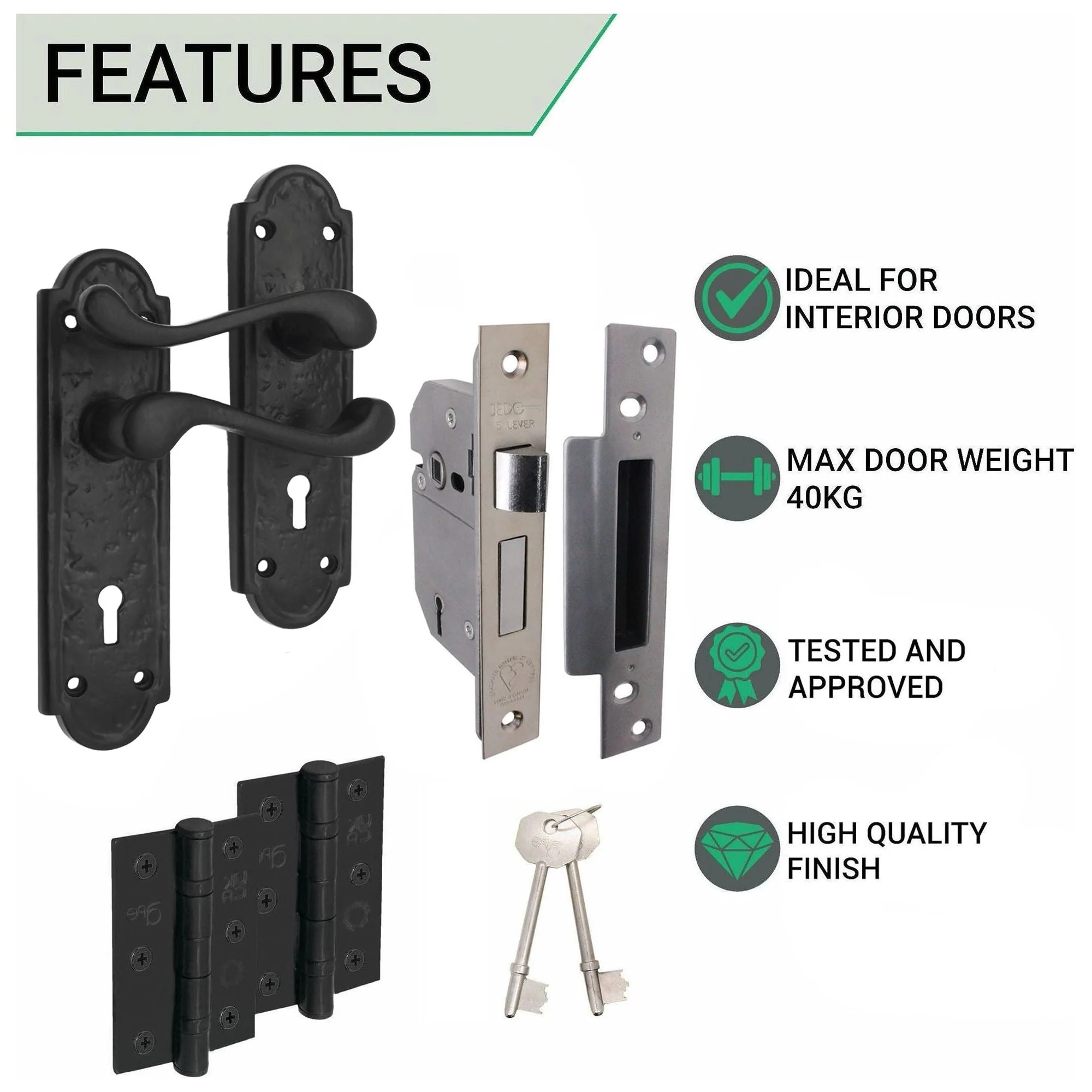 Black Iron Lever Door Handles on Backplate Retro Pattern 5 Lever Lock Set - 170 x 50mm - 66mm Lock x 76mm Hinges - Image 3