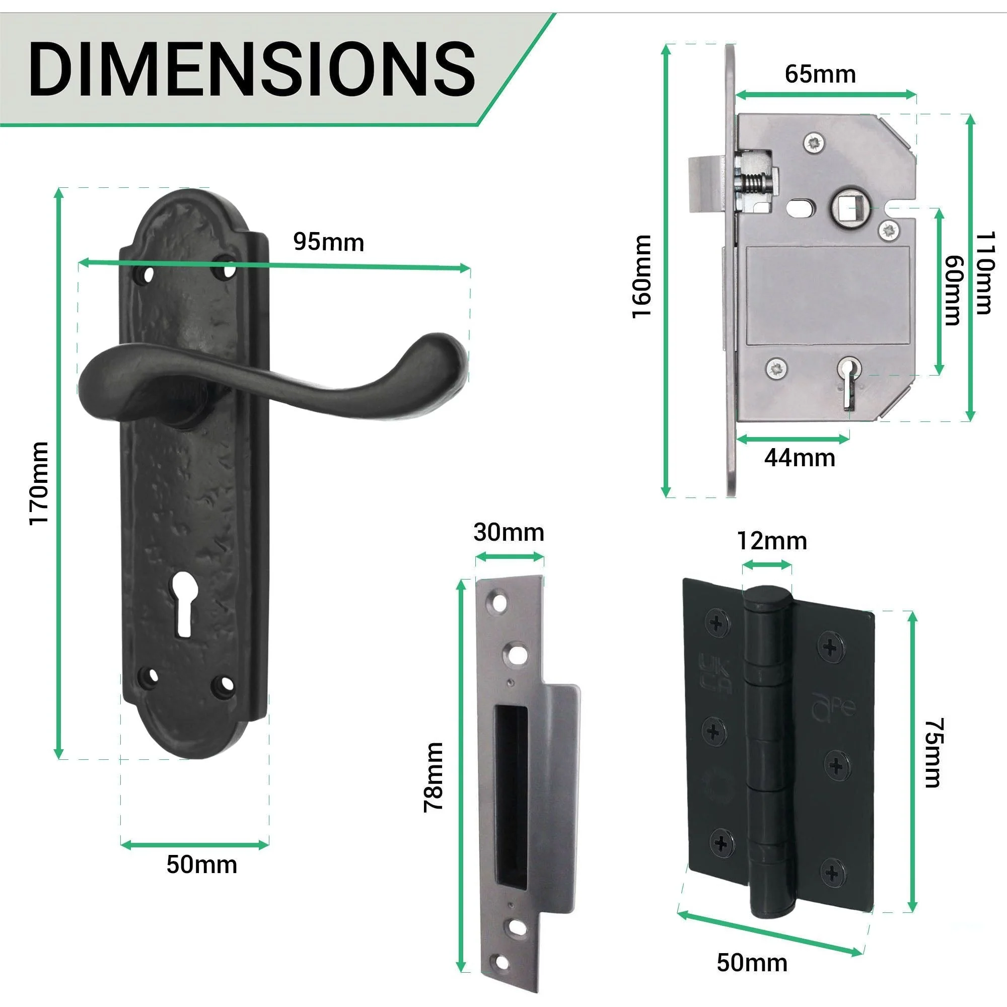 Black Iron Lever Door Handles on Backplate Retro Pattern 5 Lever Lock Set - 170 x 50mm - 66mm Lock x 76mm Hinges - Image 4