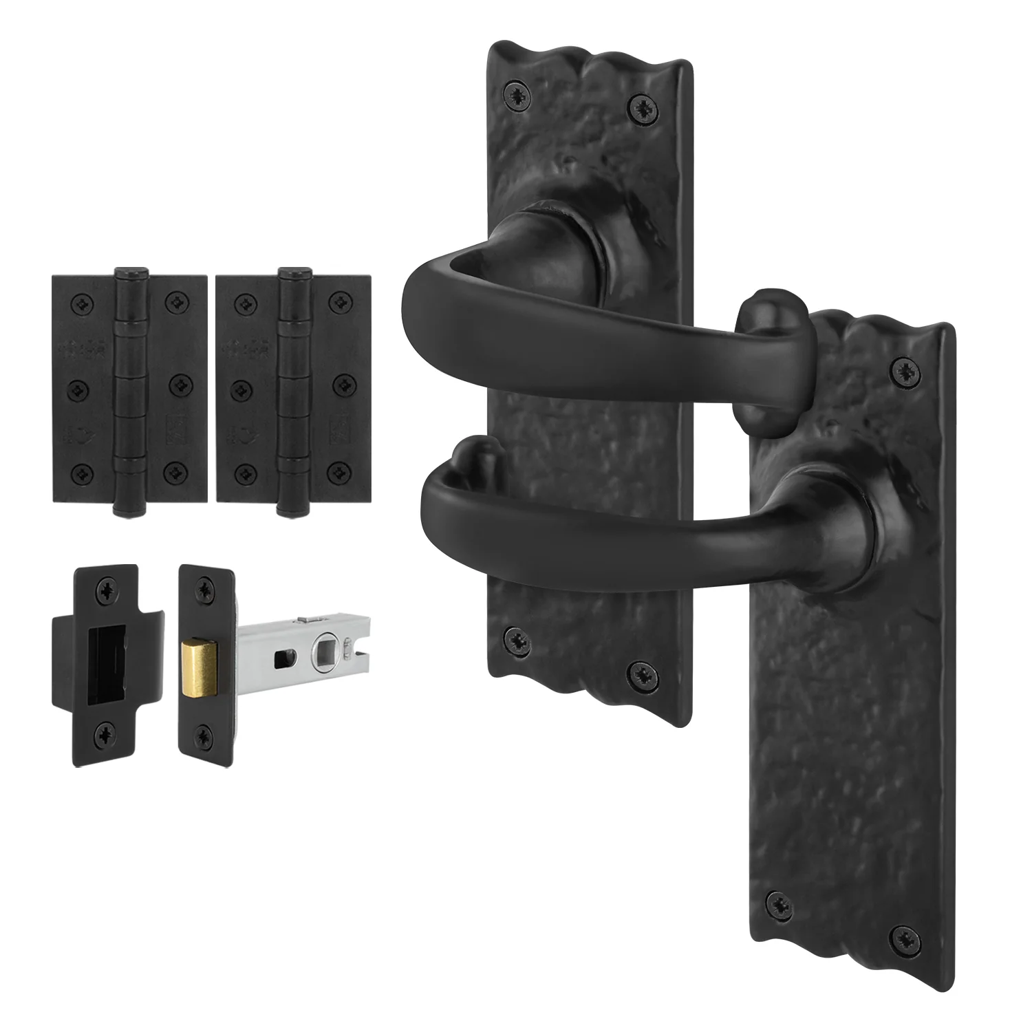 Black Iron Lever Door Handles on Backplate Traditional Canterbury Pattern Latch Pack - 155x52mm - 66mm Latch x 76mm Hinges - Black Antique Iron