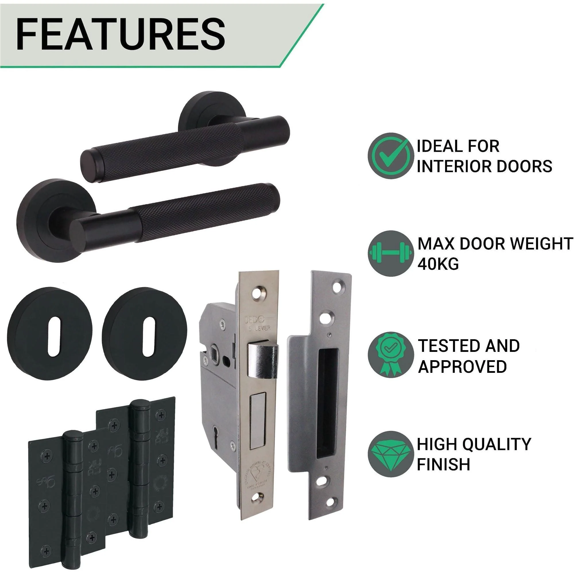 Dinis Knurled Matt Black Lever on Rose Door Handle Pack - BS3621 5 Lever Sashlock - Image 3