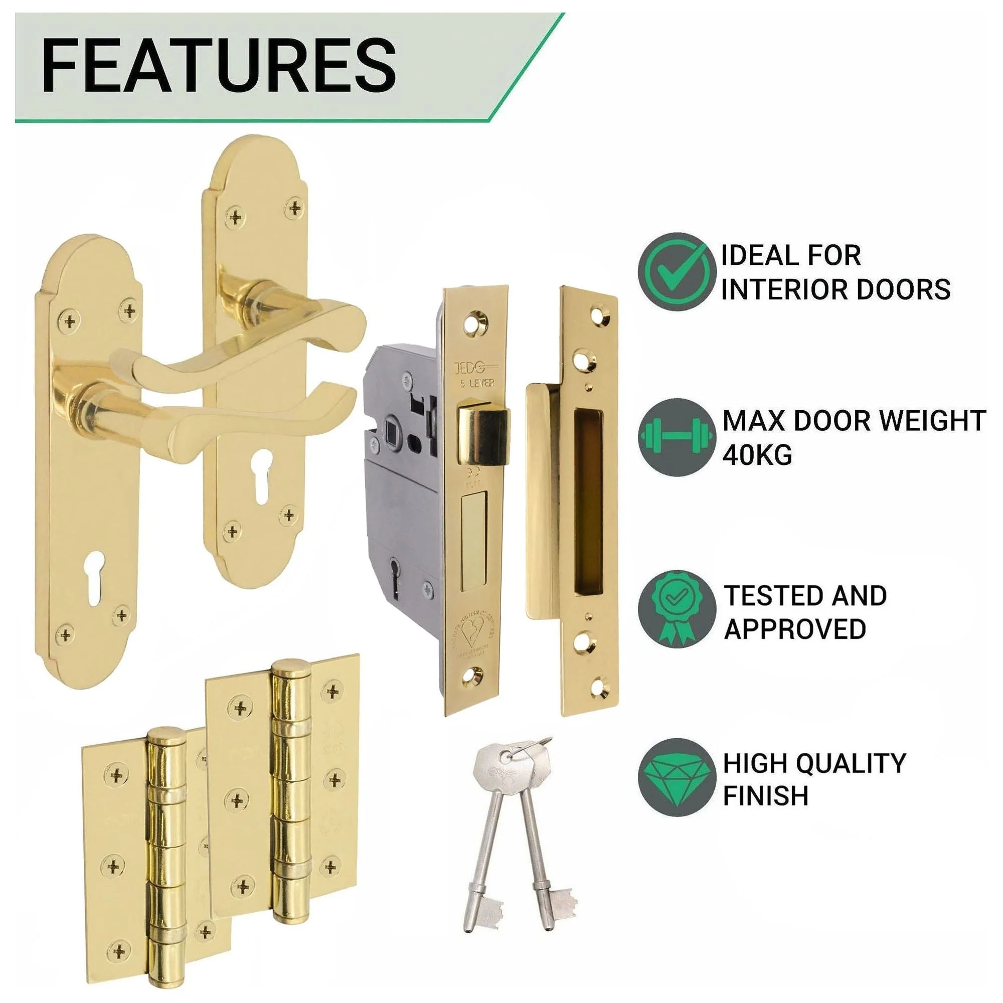Victorian Rectory Polished Brass Lever Door Handle Pack - BS3621 5 Lever Lock - Image 3