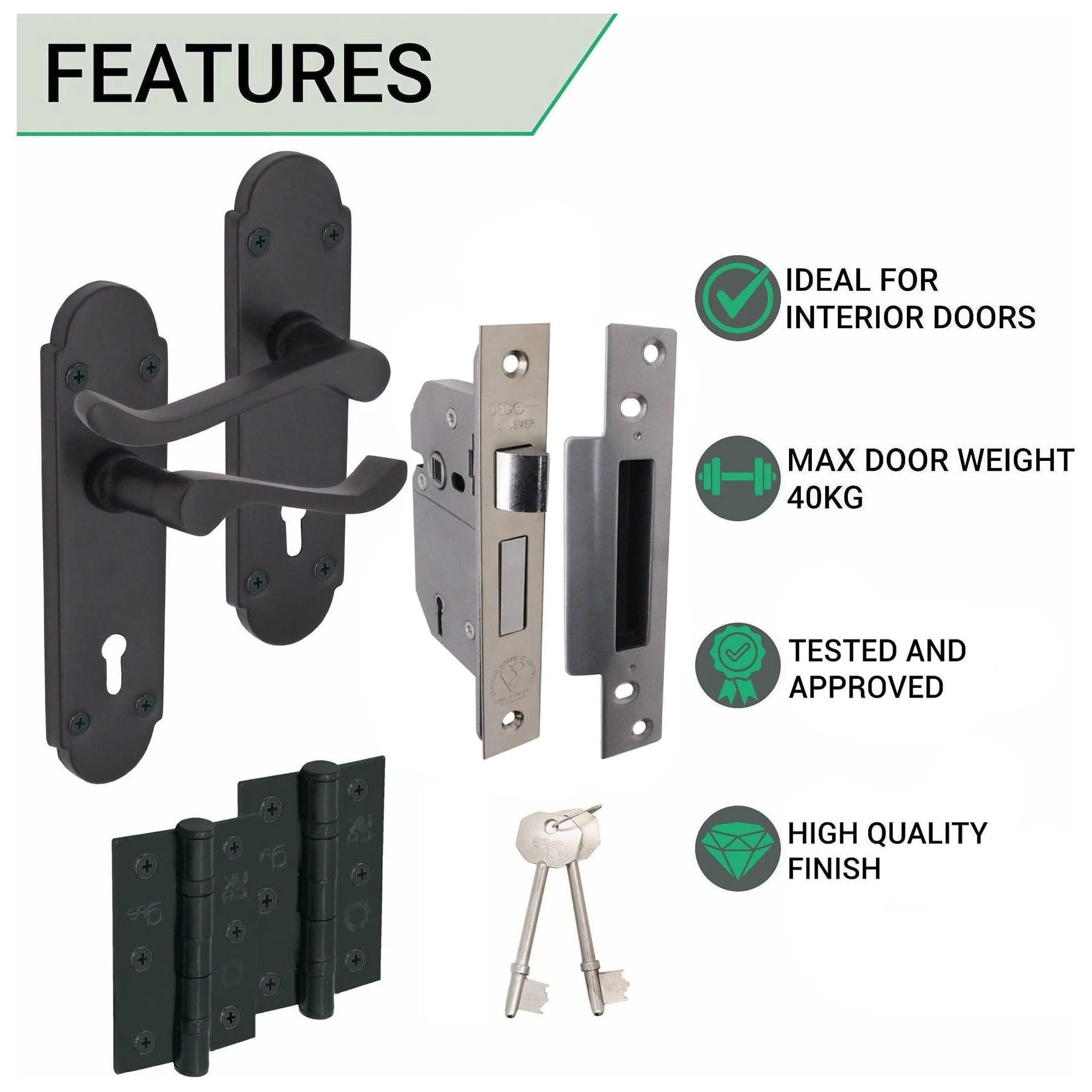 Victorian Rectory Matt Black Lever Door Handle Pack - BS3621 5 Lever Lock - Image 3