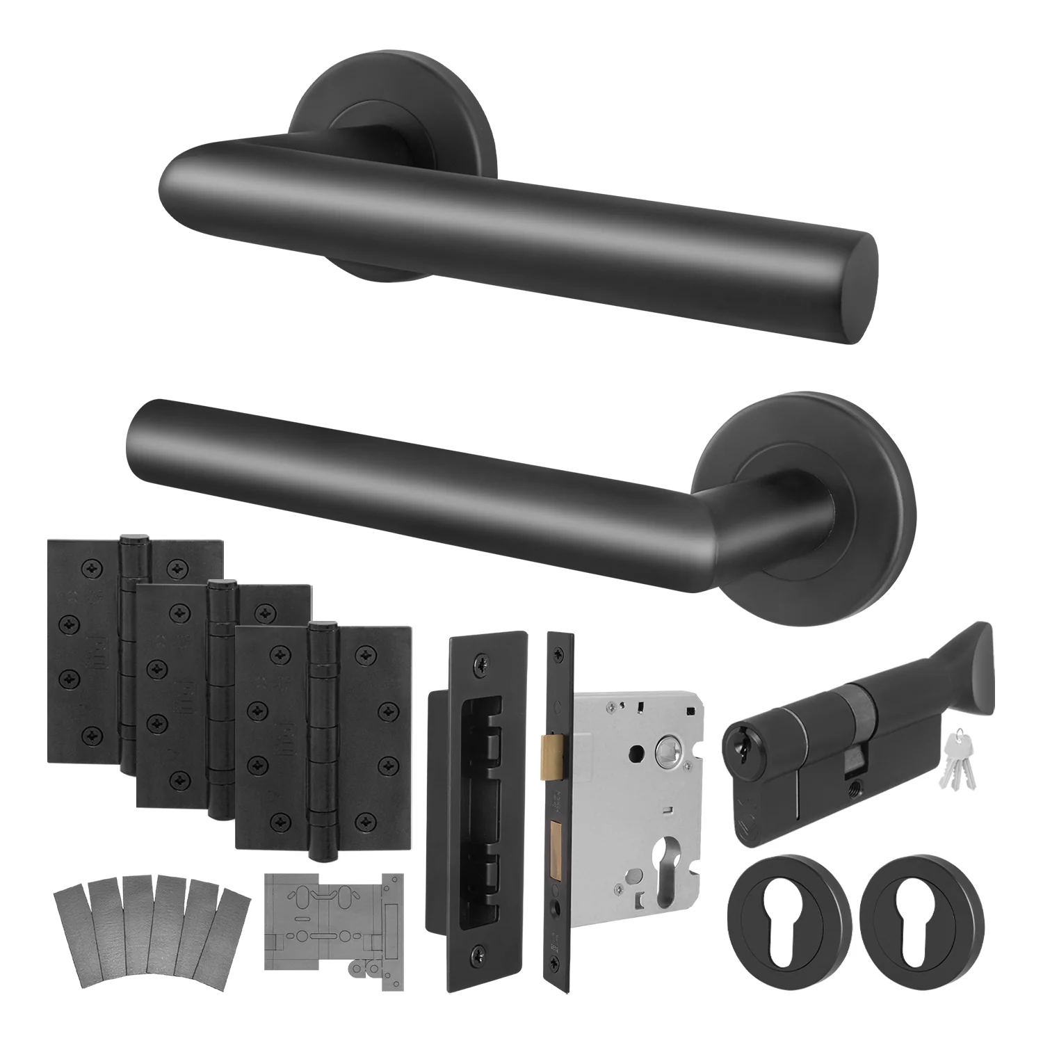 Black Mitred Door Handle on Rose Fire Door Pack - Euro Sashlock and Thumbturn Cylinder - FD30/60
