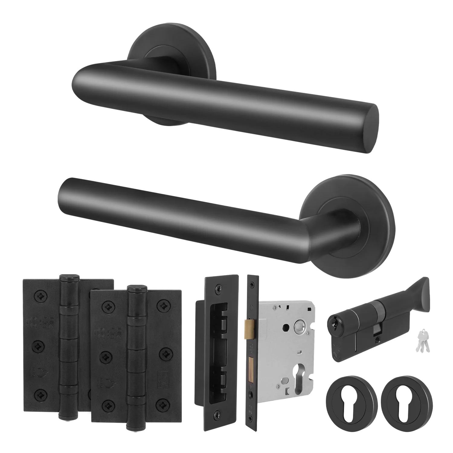 Black Mitred Door Handle on Rose Pack - Euro Sashlock and Thumbturn Cylinder