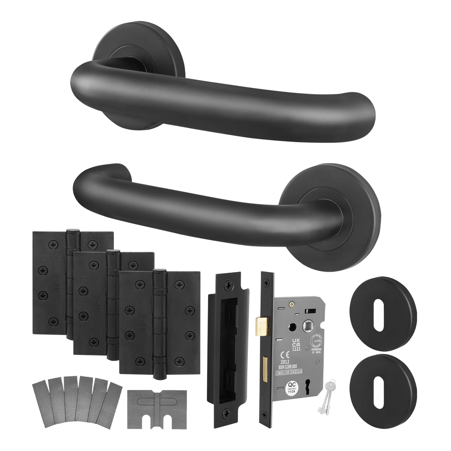 Black Return to Door Handle on Rose Fire Door Pack - 3 Lever Sashlock - FD30/60