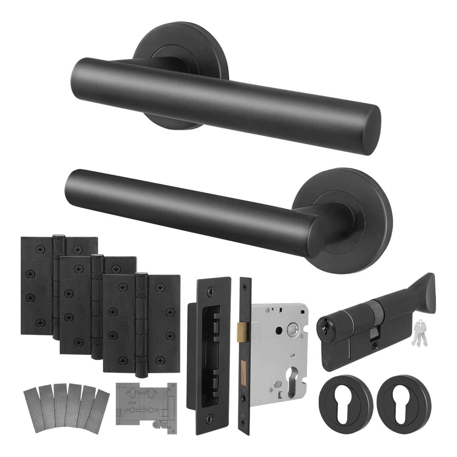 Black T-Bar Door Handle on Rose Fire Door Pack - Euro Sashlock and Thumbturn Cylinder - FD30/60