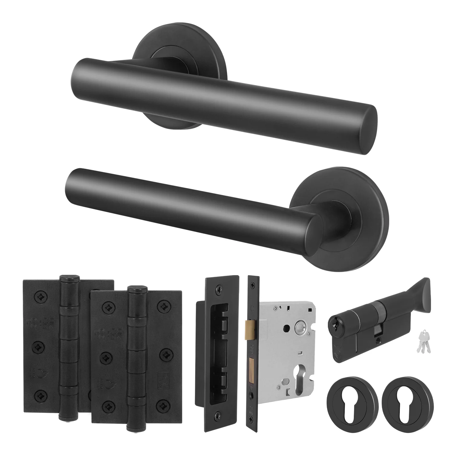 Black T-Bar Door Handle on Rose Pack - Euro Sashlock and Thumbturn Cylinder