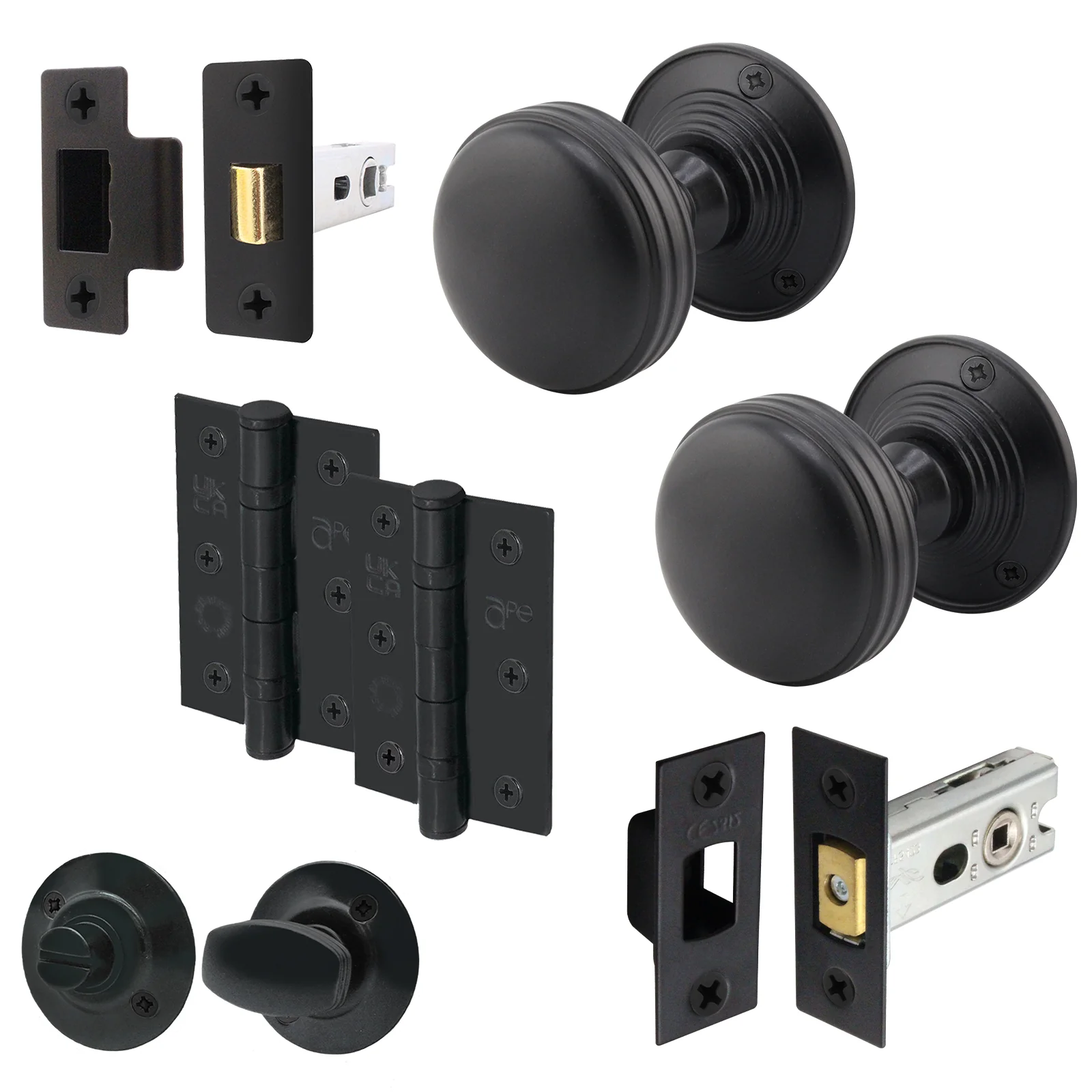 Victorian Ringed Black Mortice Door Knob Kit - 76mm Bathroom Deadbolt