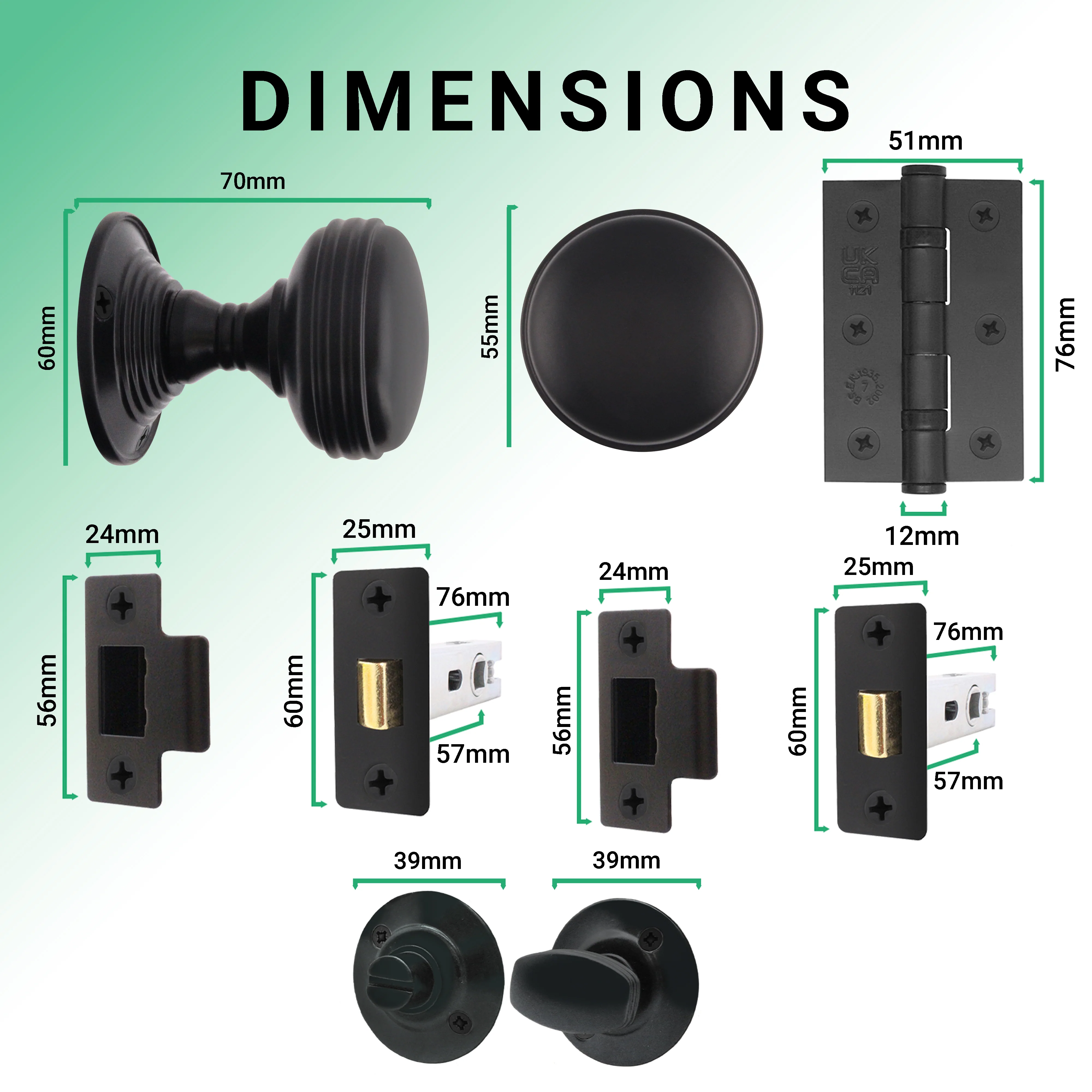 Victorian Ringed Black Mortice Door Knob Kit - 76mm Bathroom Deadbolt - Image 3