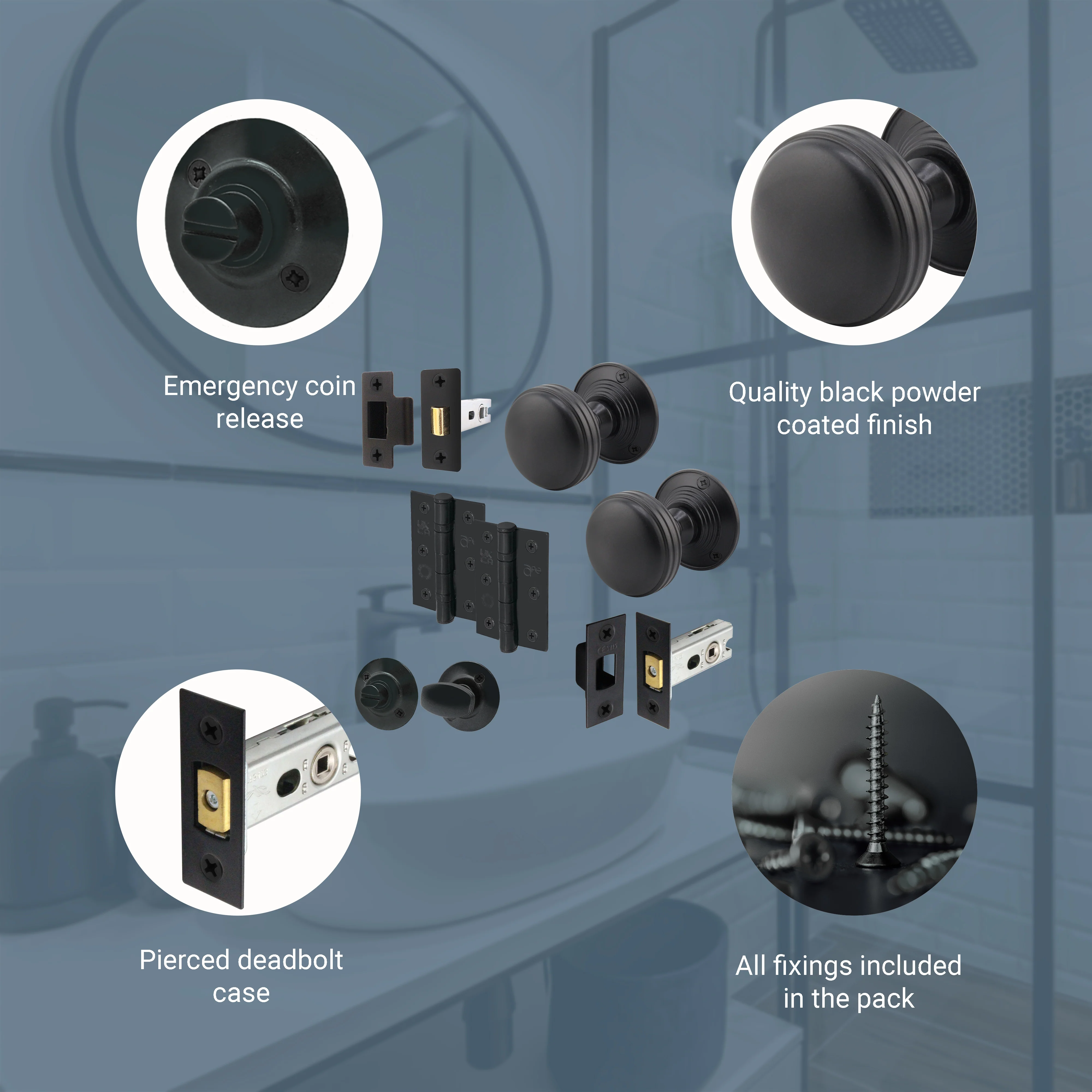 Victorian Ringed Black Mortice Door Knob Kit - 76mm Bathroom Deadbolt - Image 4