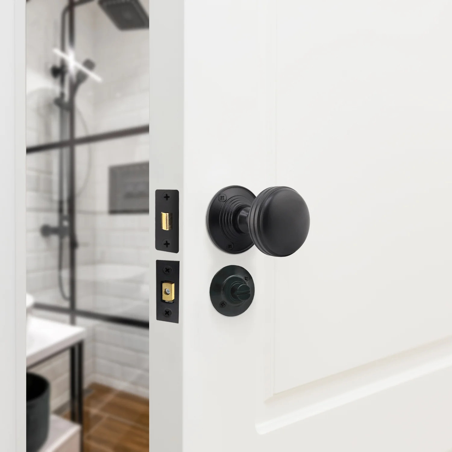 Victorian Ringed Black Mortice Door Knob Kit - 76mm Bathroom Deadbolt - Image 5