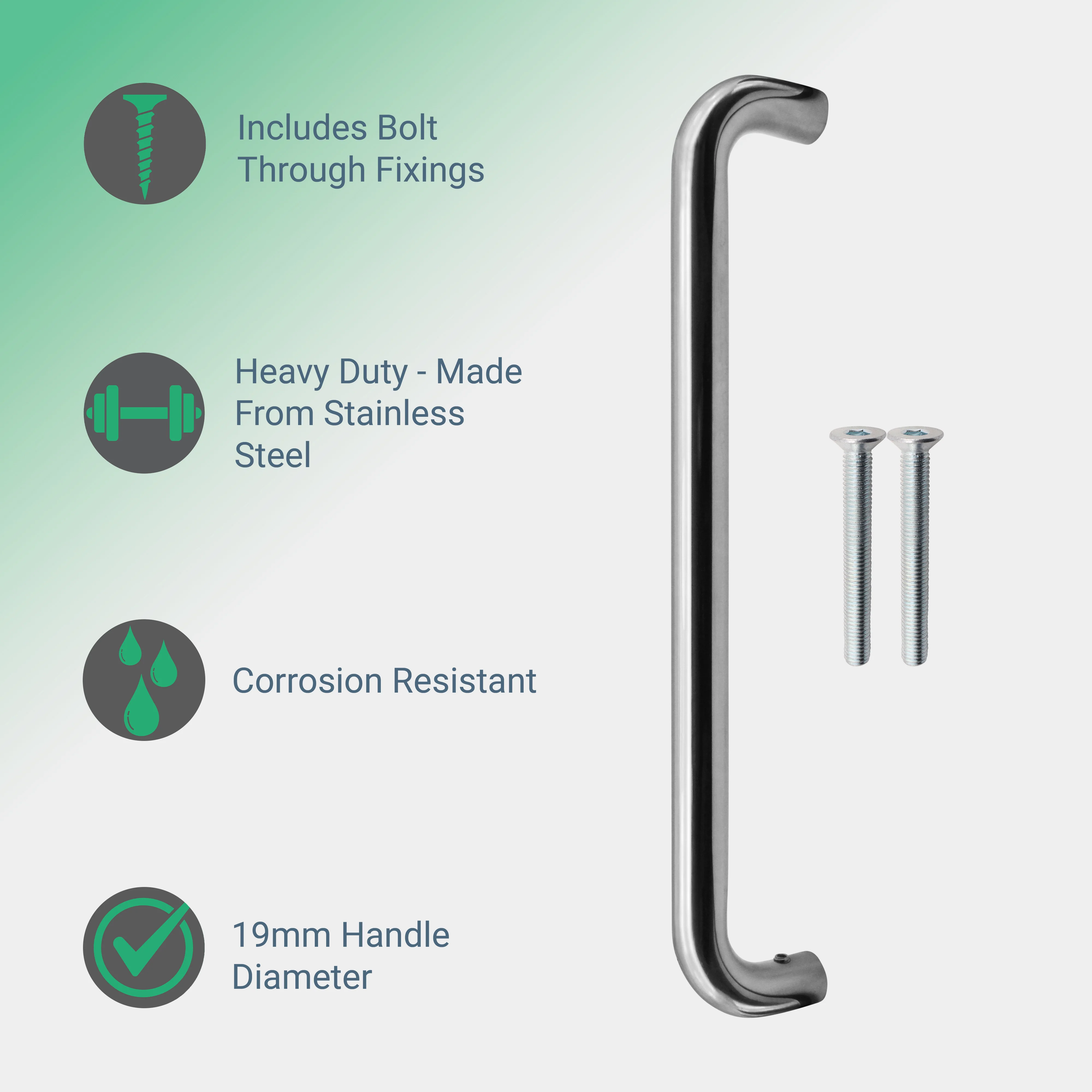 Bolt Fix Pull Handle - 300mm x 19mm - Polished Stainless Steel - Image 2