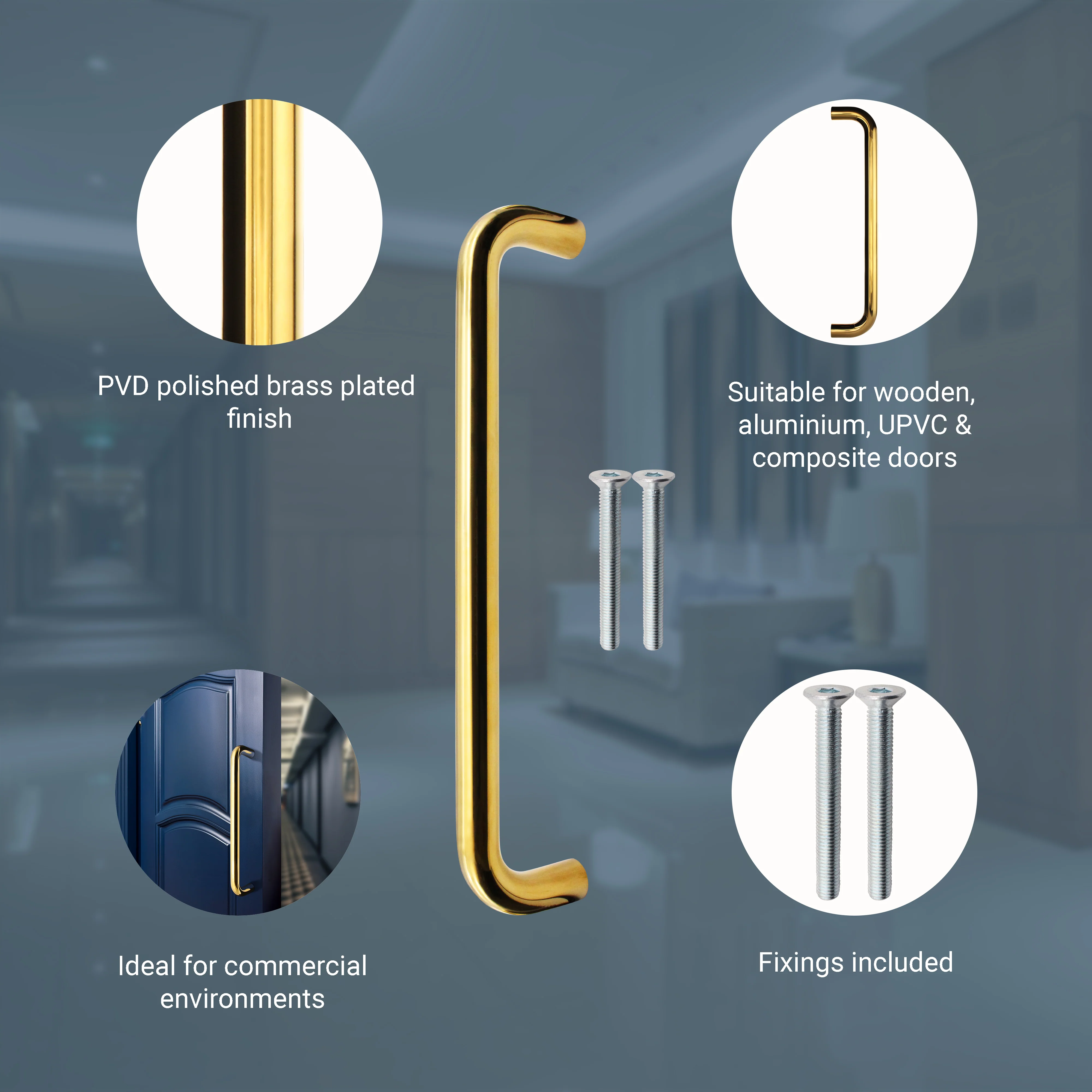 Bolt Fix Pull Handle - 300mm x 19mm - PVD Polished Brass - Image 3