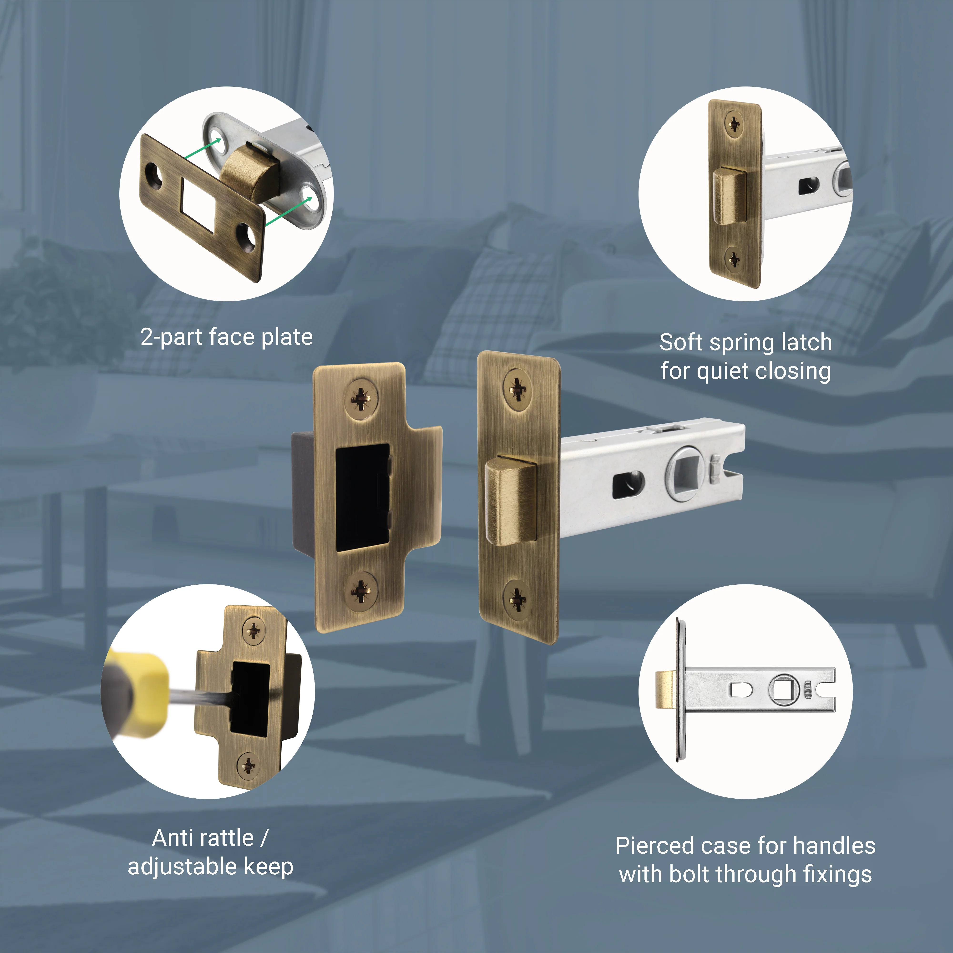 2.5 inch/64mm Tubular Latch Bolt Through - 44mm Backset - Antique Brass - Image 4