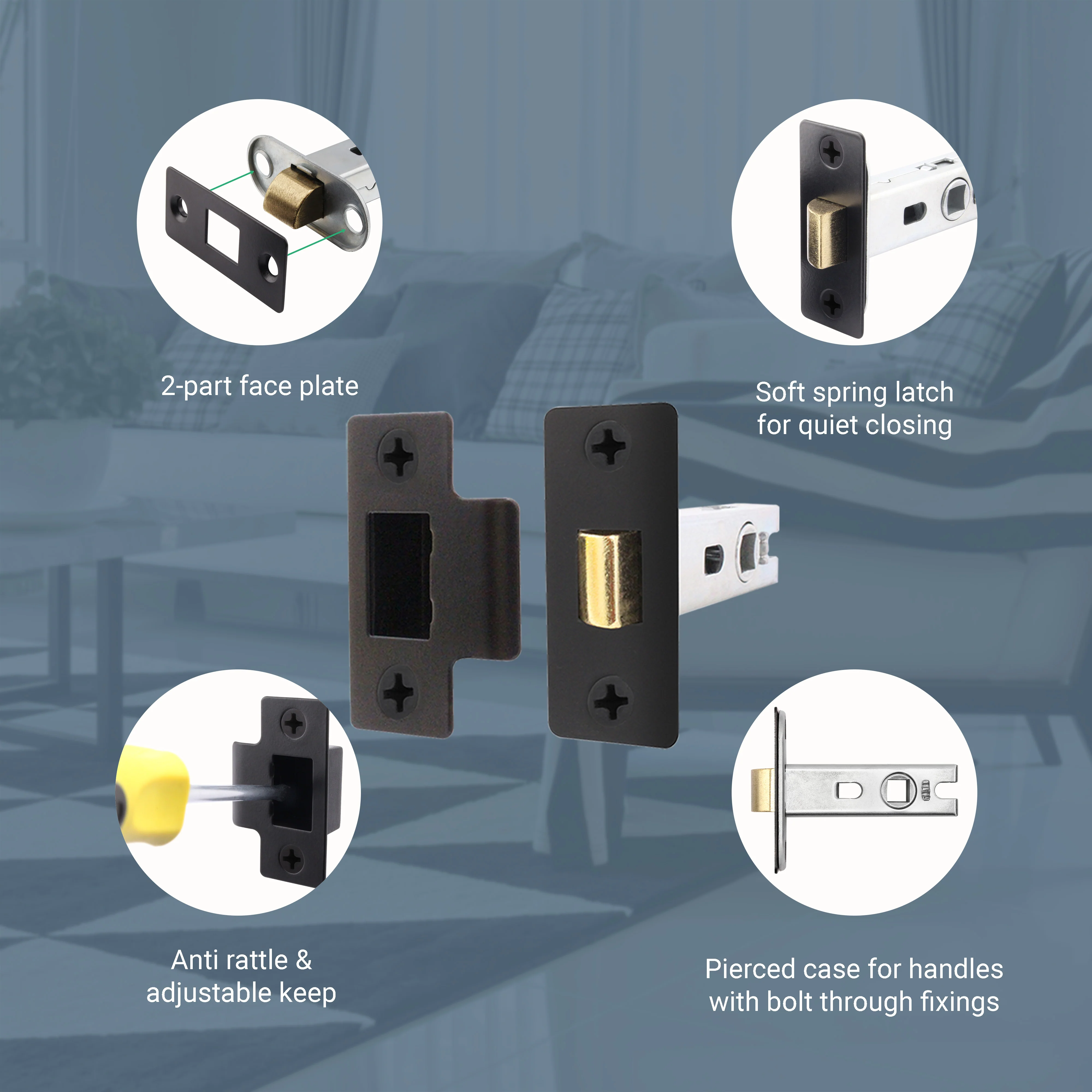2.5 inch/64mm Tubular Latch Bolt Through - 44mm Backset - Black - Image 4