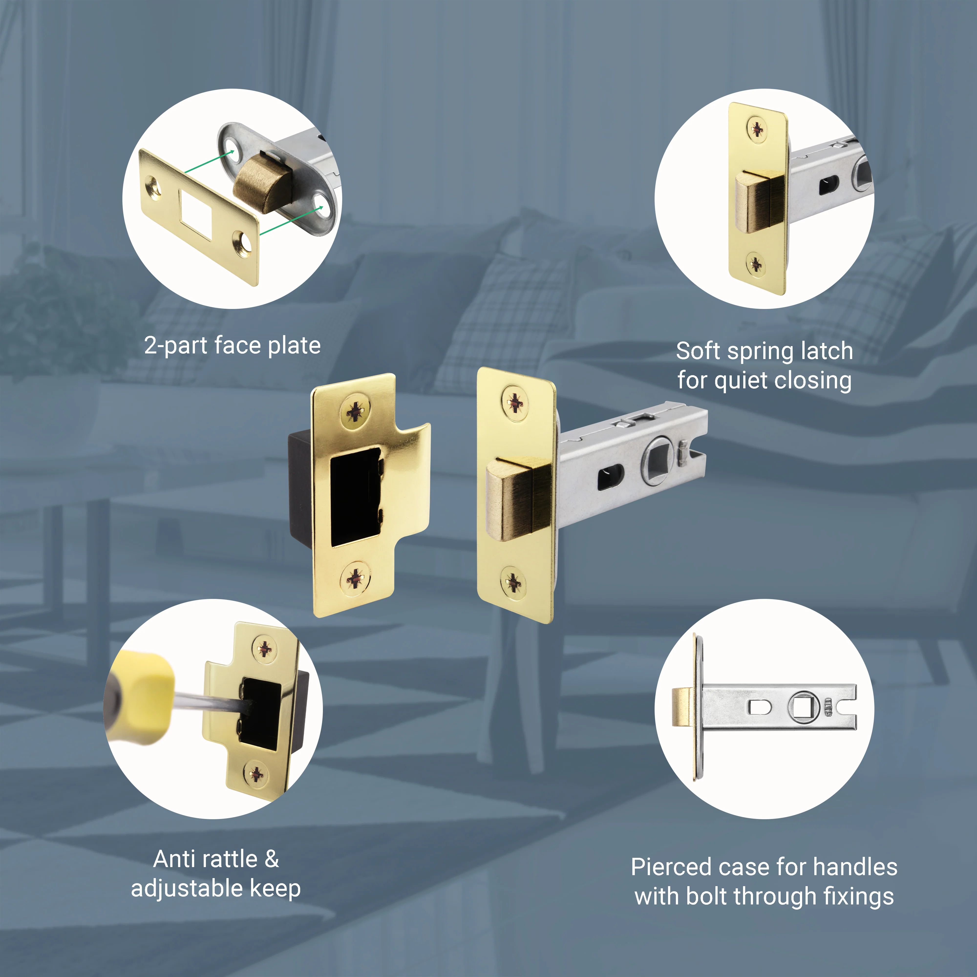 2.5 inch/64mm Tubular Latch Bolt Through - 44mm Backset - Brassed - Image 4