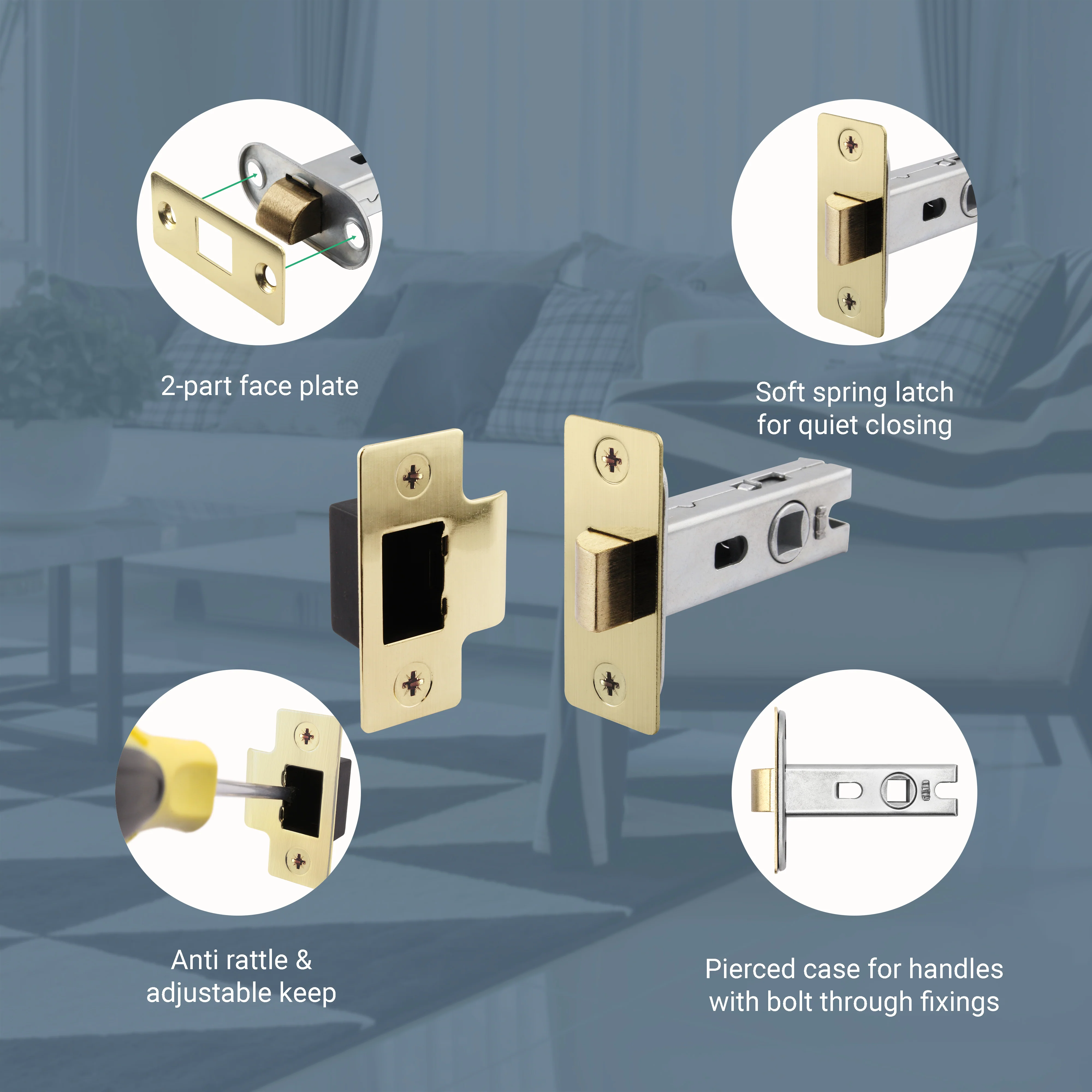 2.5 inch/64mm Tubular Latch Bolt Through - 44mm Backset - Satin Brass - Image 4