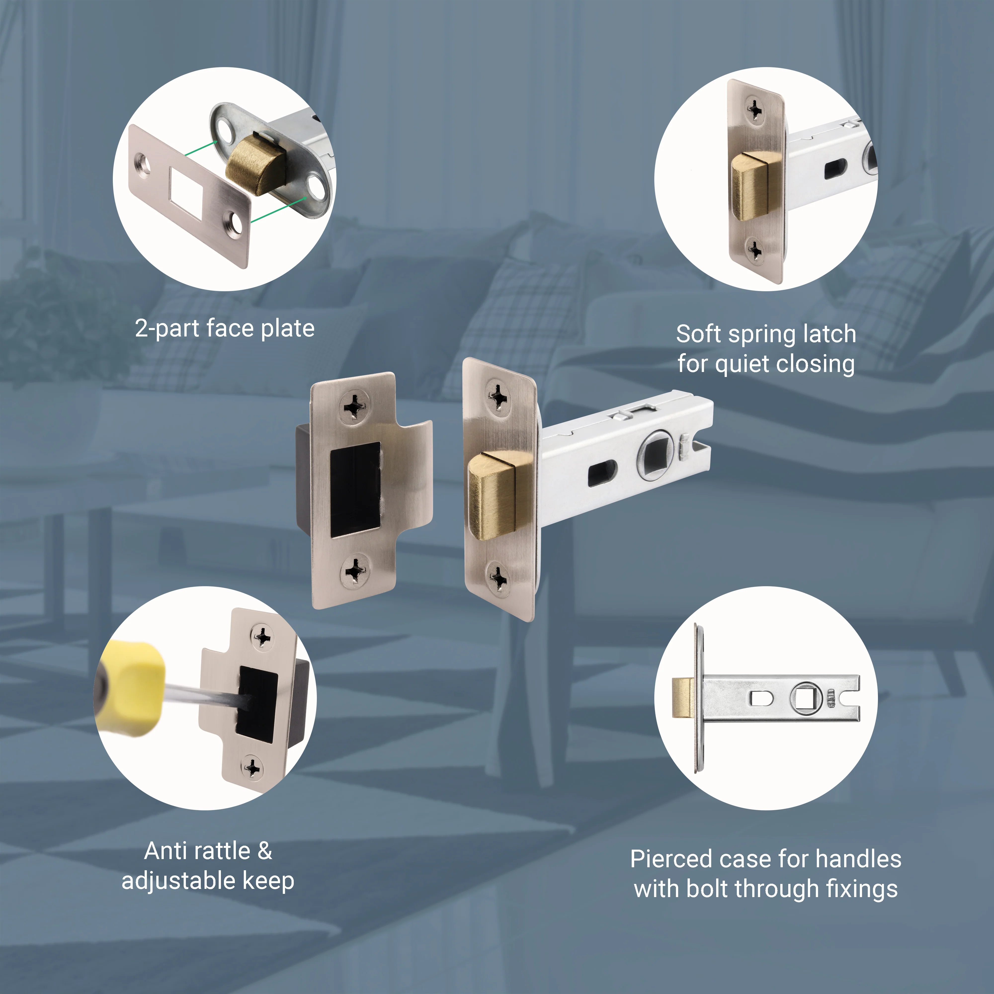 3 inch/76mm Tubular Latch Bolt Through - 57mm Backset - Satin Nickel - Image 4