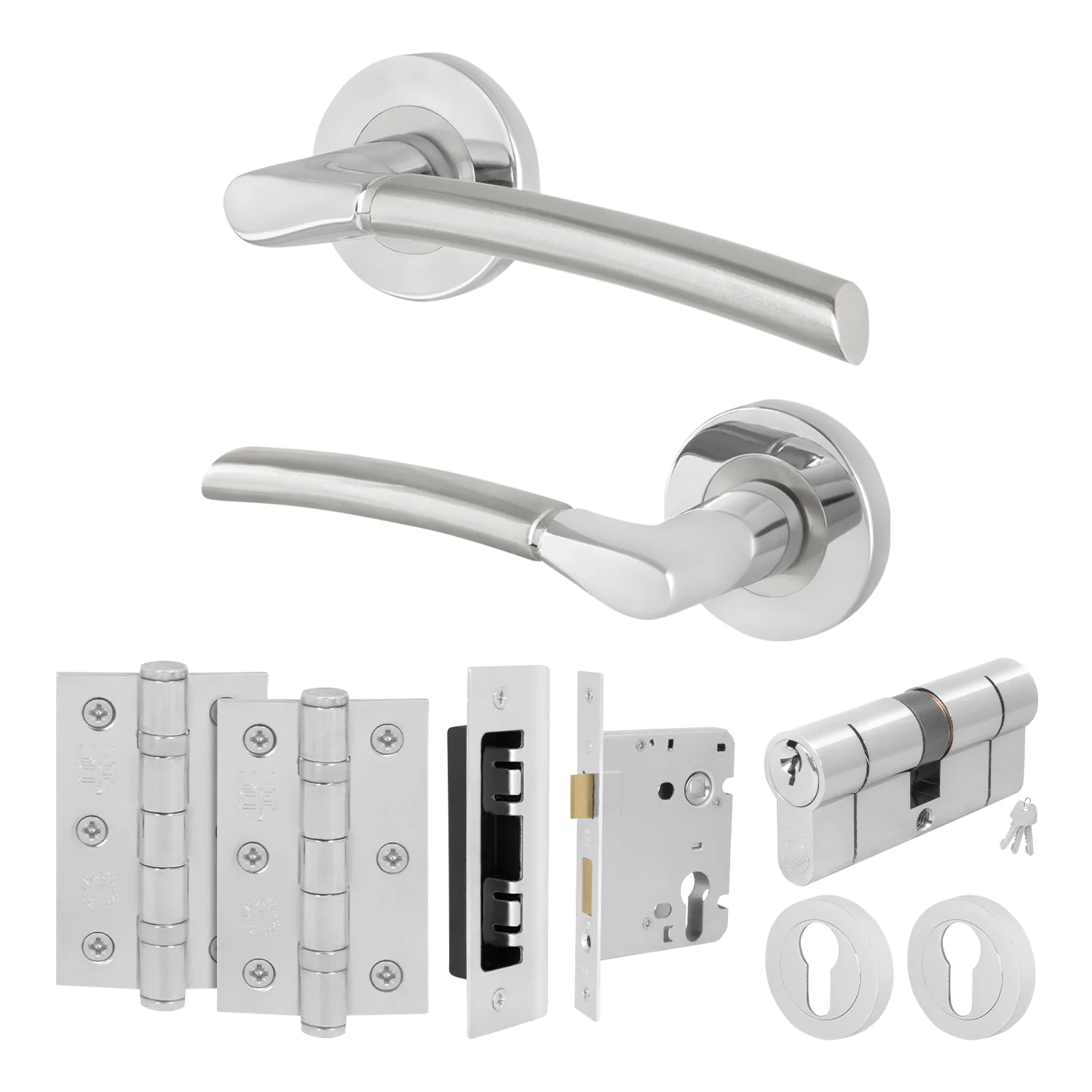 Bosa Duo Style Polished Chrome / Satin Nickel Lever on Rose Door Handle Kit - 80mm Euro Sashlock and Double Cylinder - Master Keyed