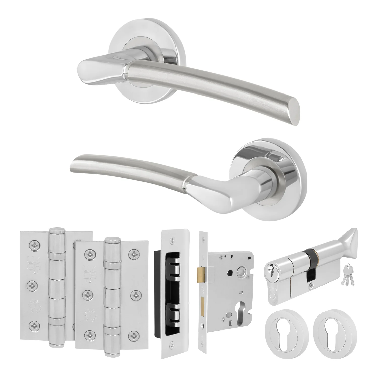 Bosa Duo Style Polished Chrome / Satin Nickel Lever on Rose Door Handle Kit - 80mm Euro Sashlock and Thumbturn Cylinder - Master Keyed