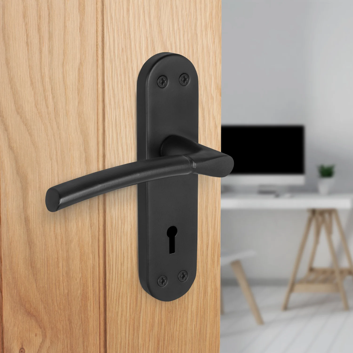 Bosa Matt Black Lever on Backplate Door Handle - Keyhole - Image 4