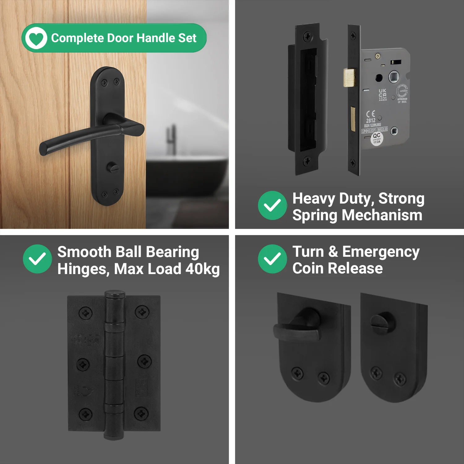 Bosa Matt Black Lever on Backplate Door Handle Pack - 64mm Bathroom Lock - Image 5