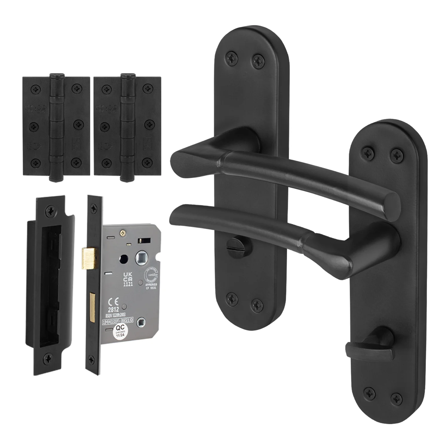 Bosa Matt Black Lever on Backplate Door Handle Pack - 80mm Bathroom Lock
