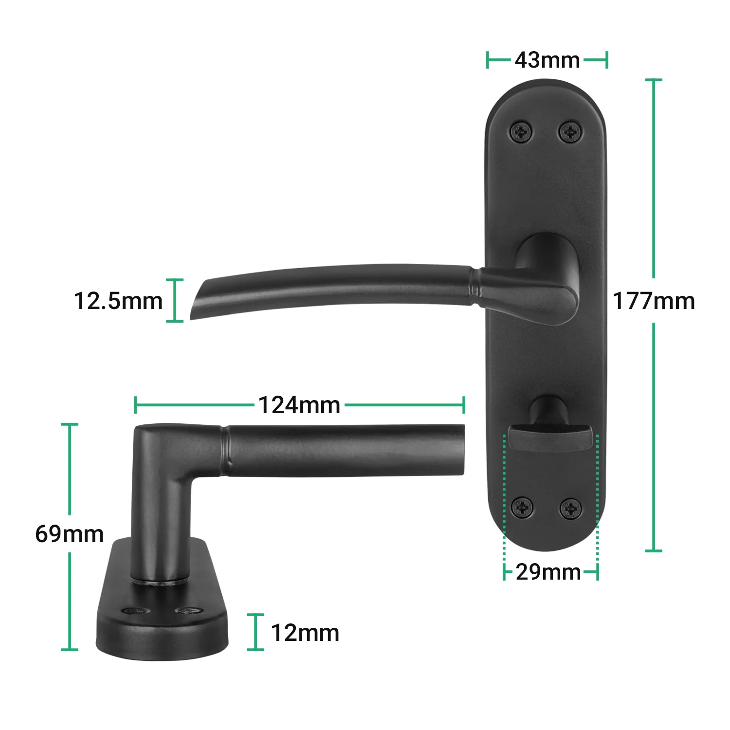 Bosa Matt Black Lever on Backplate Door Handle Pack - 80mm Bathroom Lock - Image 2