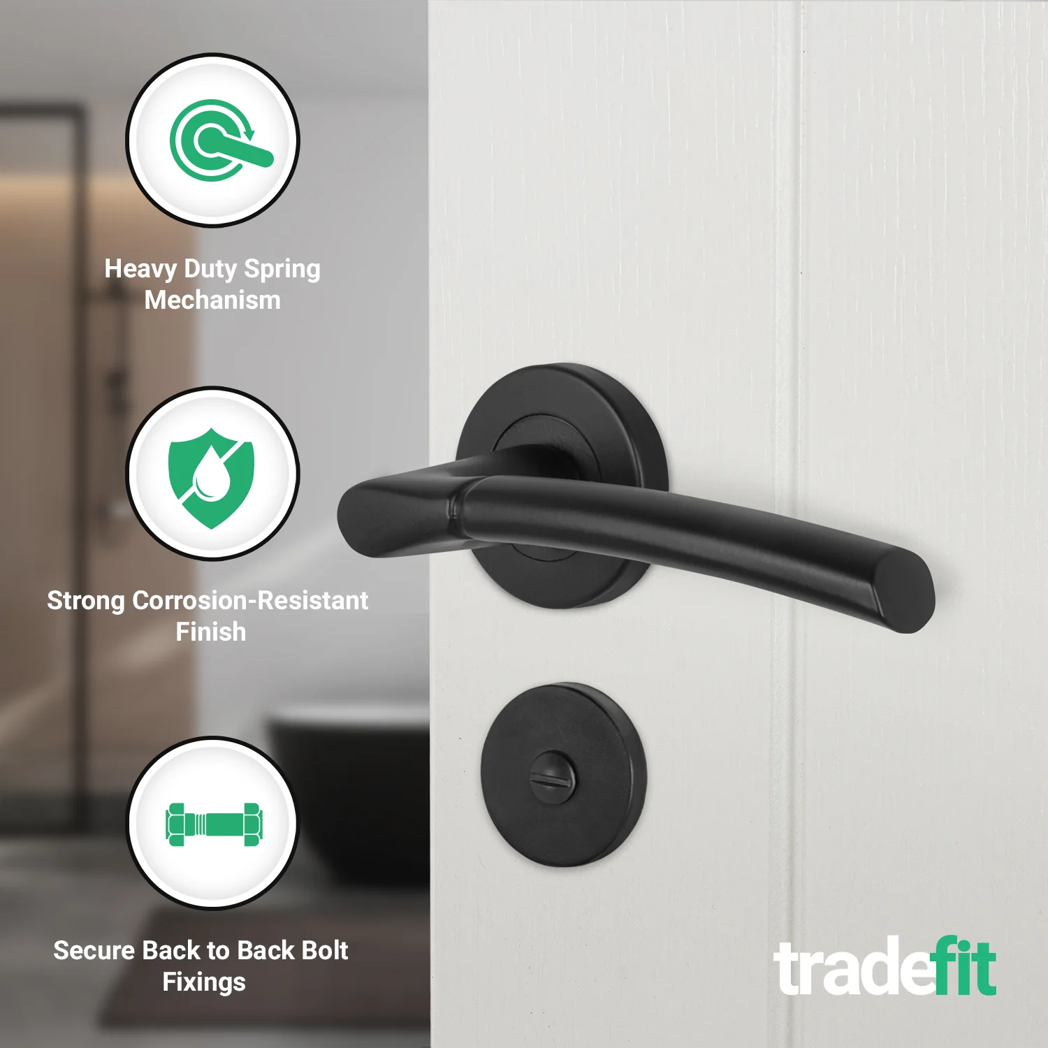 Bosa Matt Black Lever on Rose Door Handle Pack - 64mm Bathroom Lock - Image 4