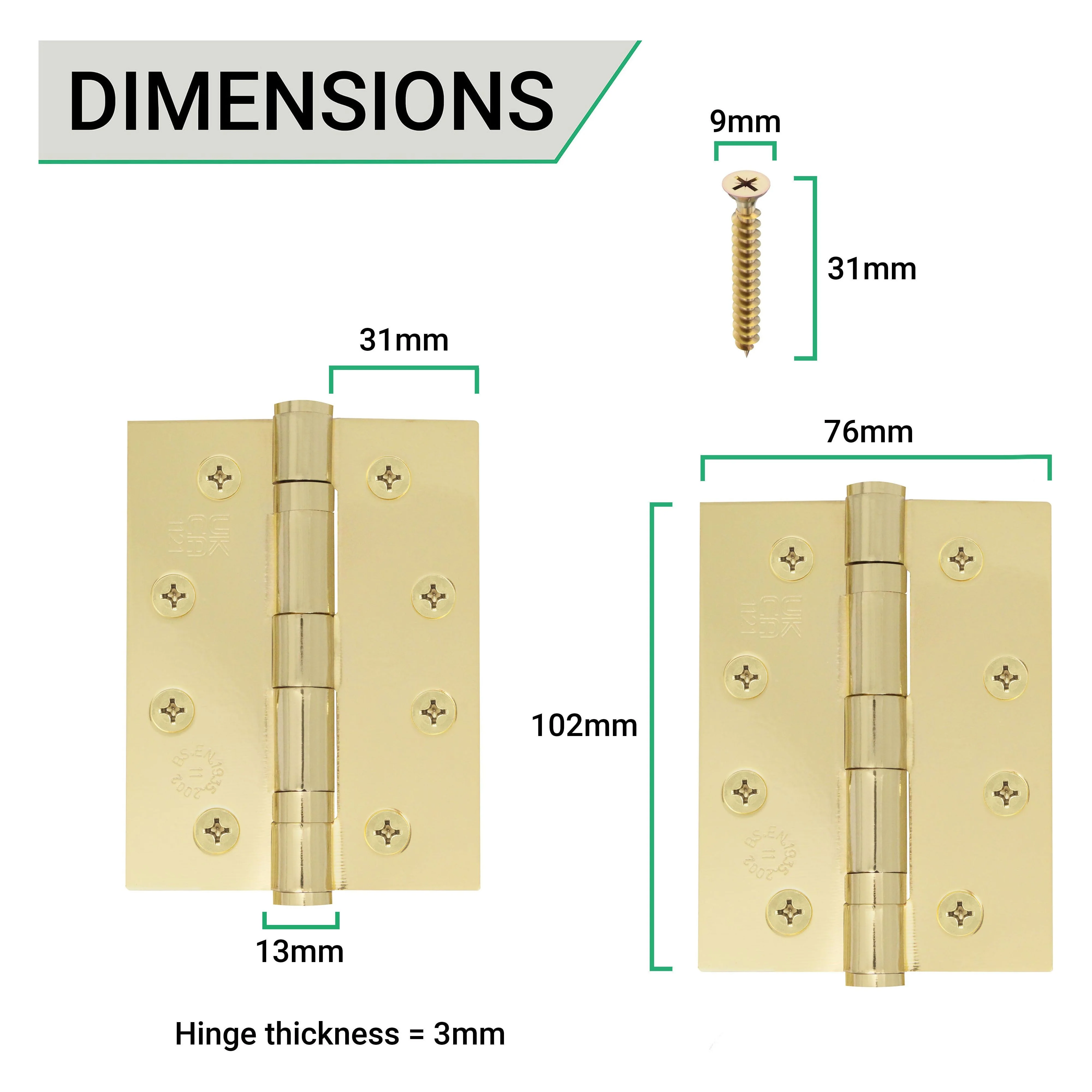 Brass Ball Bearing Raced Hinge - 102x76x3mm - Polished Brass - Image 4