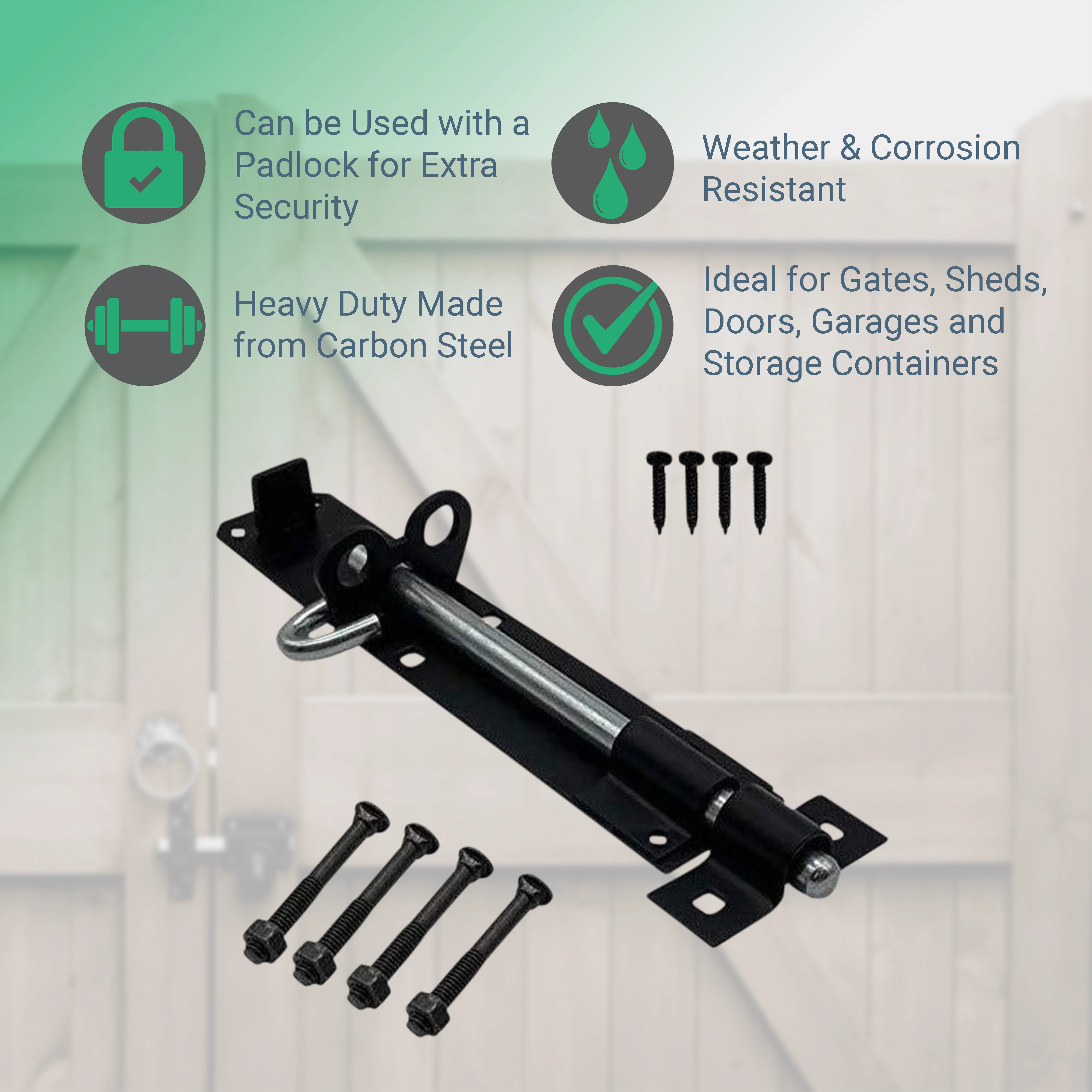 Heavy Duty Brenton Gate Padbolt - 200mm / 8 inch - Black - Image 2