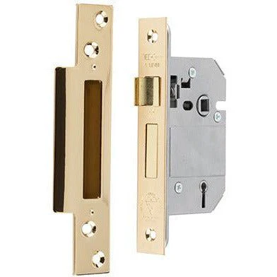 British Standard BS3621 Mortice Sashlock - 76mm Case 57mm Backset - Polished Brass