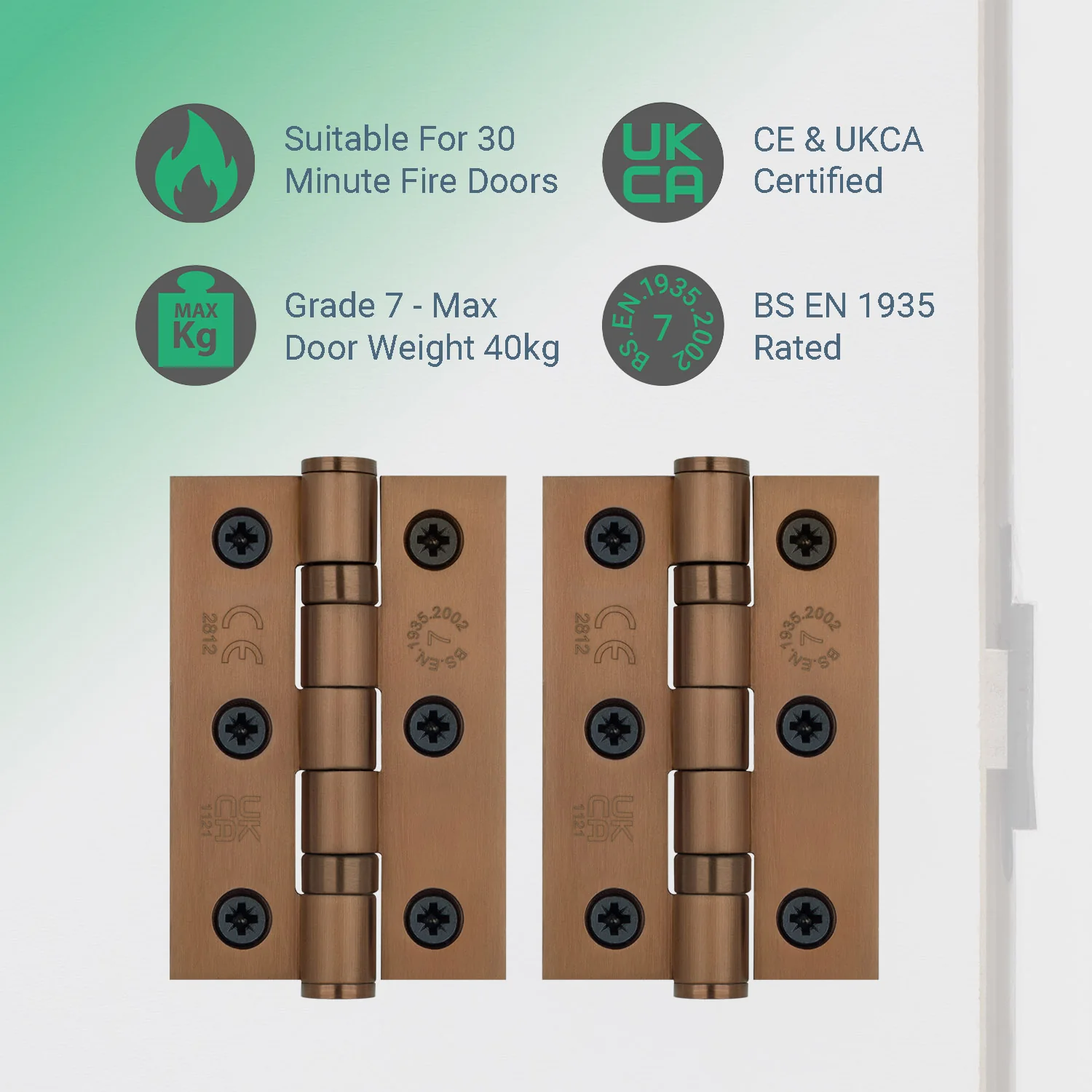 Bronze Fire Door Hinges - 3 Inch/76mm - Grade 7 Steel Ball Bearing - Pair - Image 3