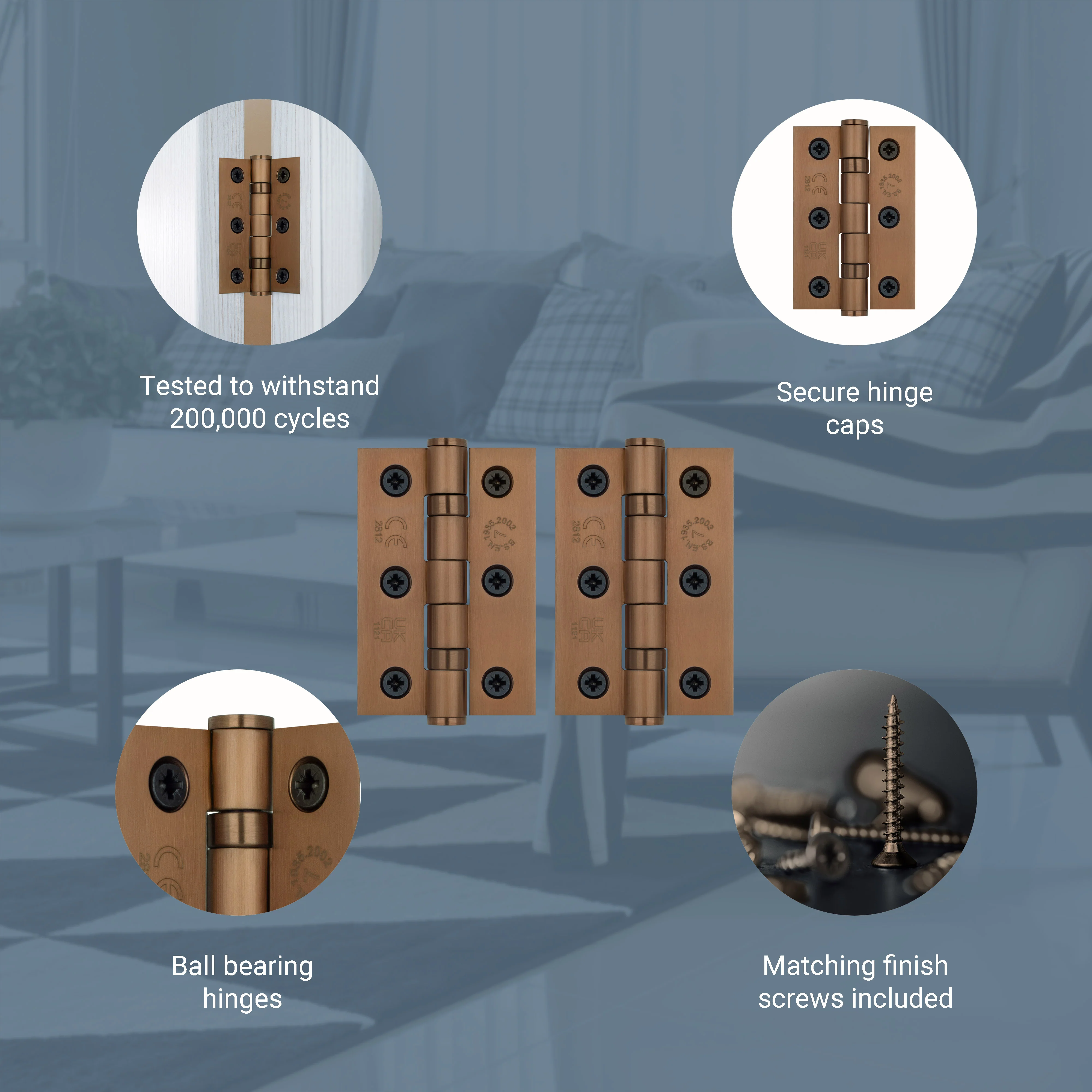 Bronze Fire Door Hinges - 3 Inch/76mm - Grade 7 Steel Ball Bearing - Pair - Image 4