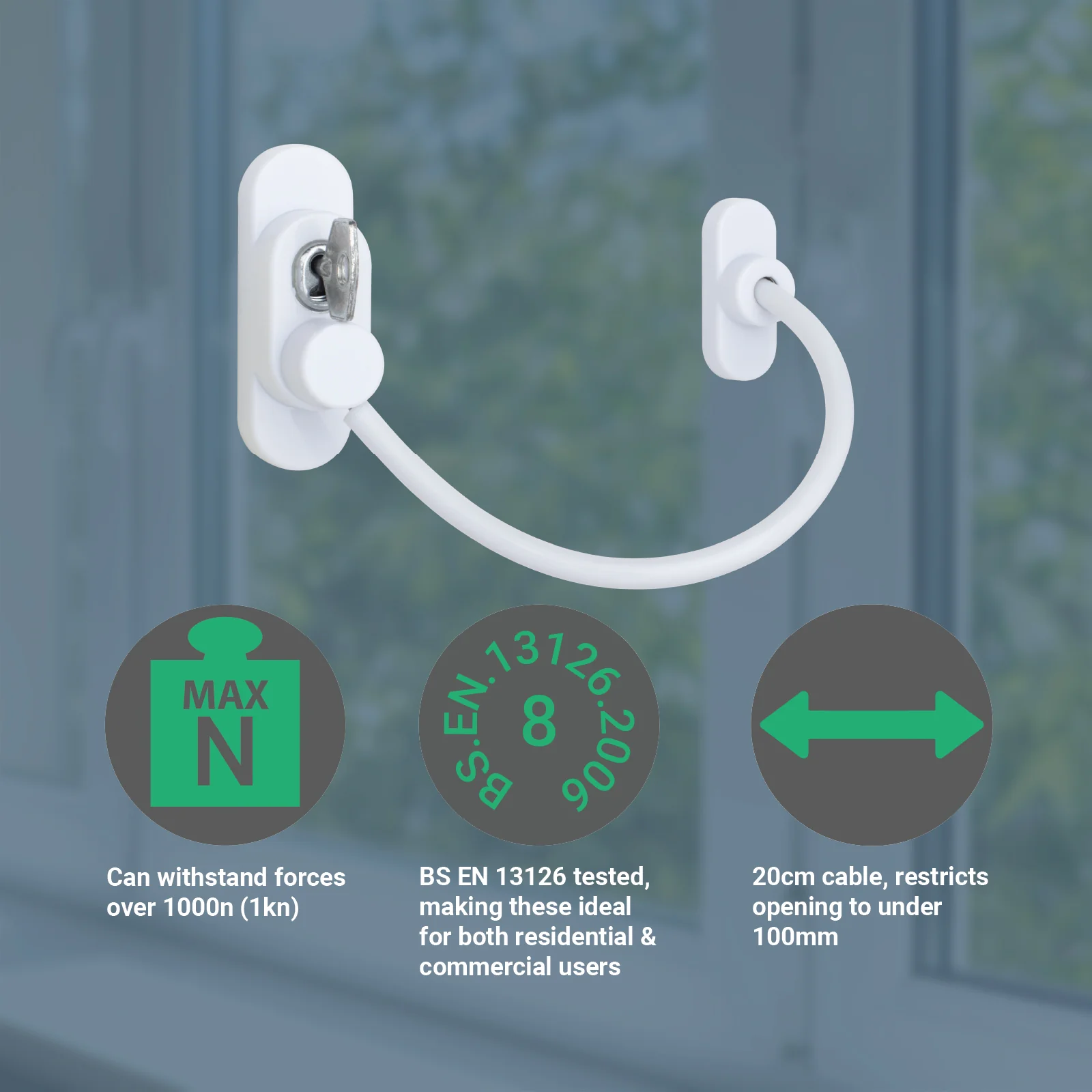Cable Window Restrictor Safety Lock for Timber or UPVC With Keys - 200mm - White - Pack of 10 - Image 3