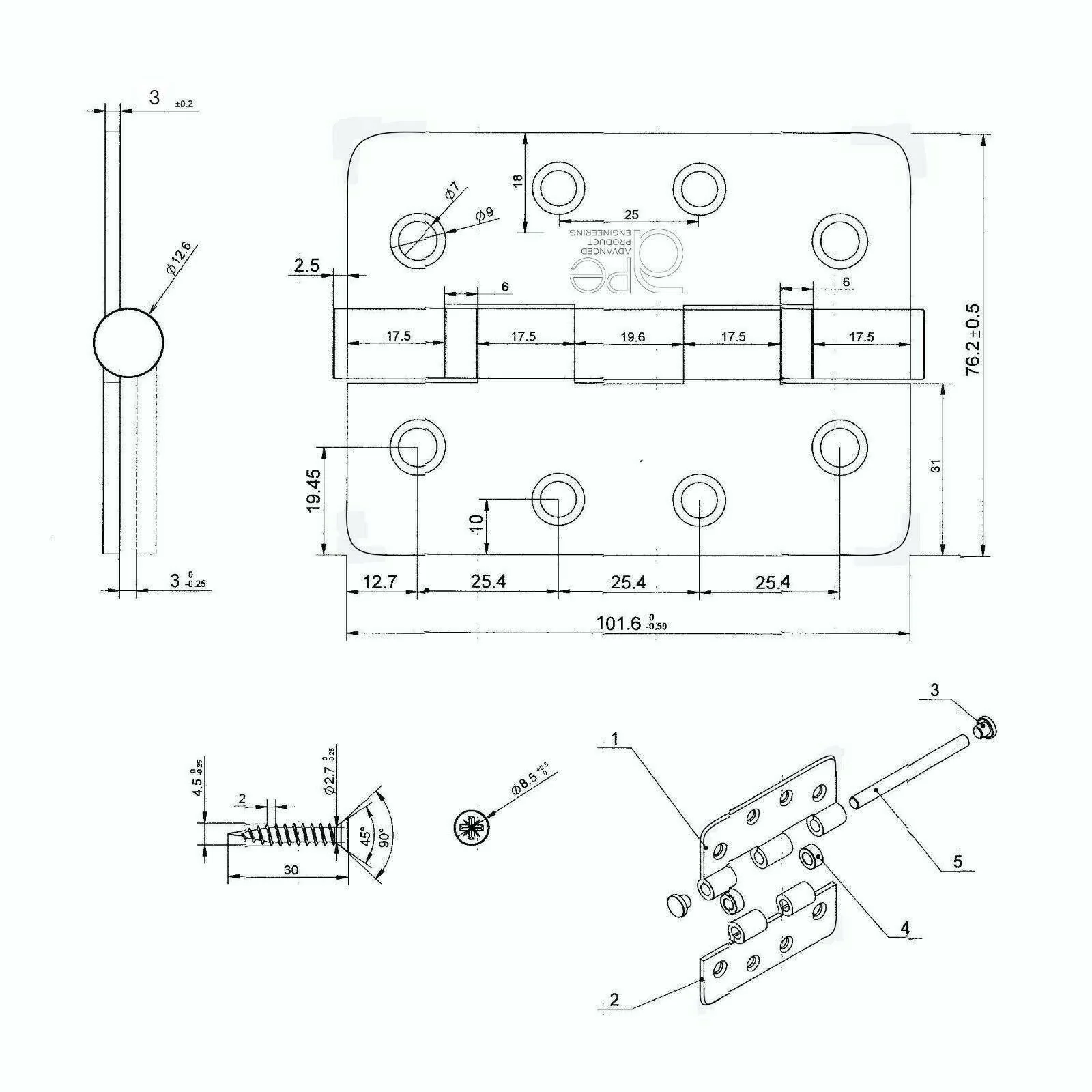 Case 40 Packs of 3 Fire Door Hinges 4" Stainless Steel Grade 13 Radius Corner - 102x76x3mm - Image 2