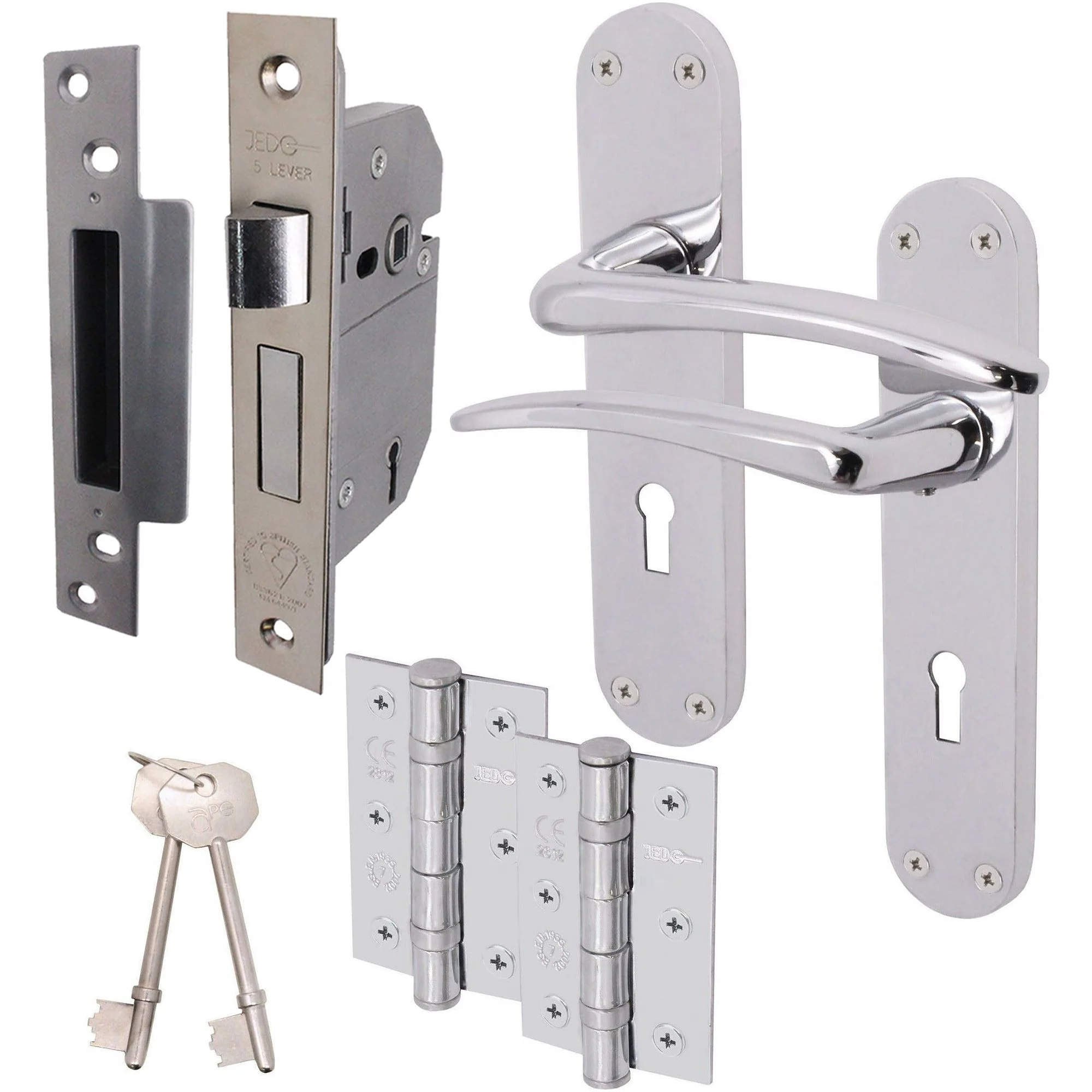 Chrome Lever on Backplate 5 Lever Lock Kit / Pack Zeno Design - 66mm Lock - 76mm Hinges - Polished Chrome