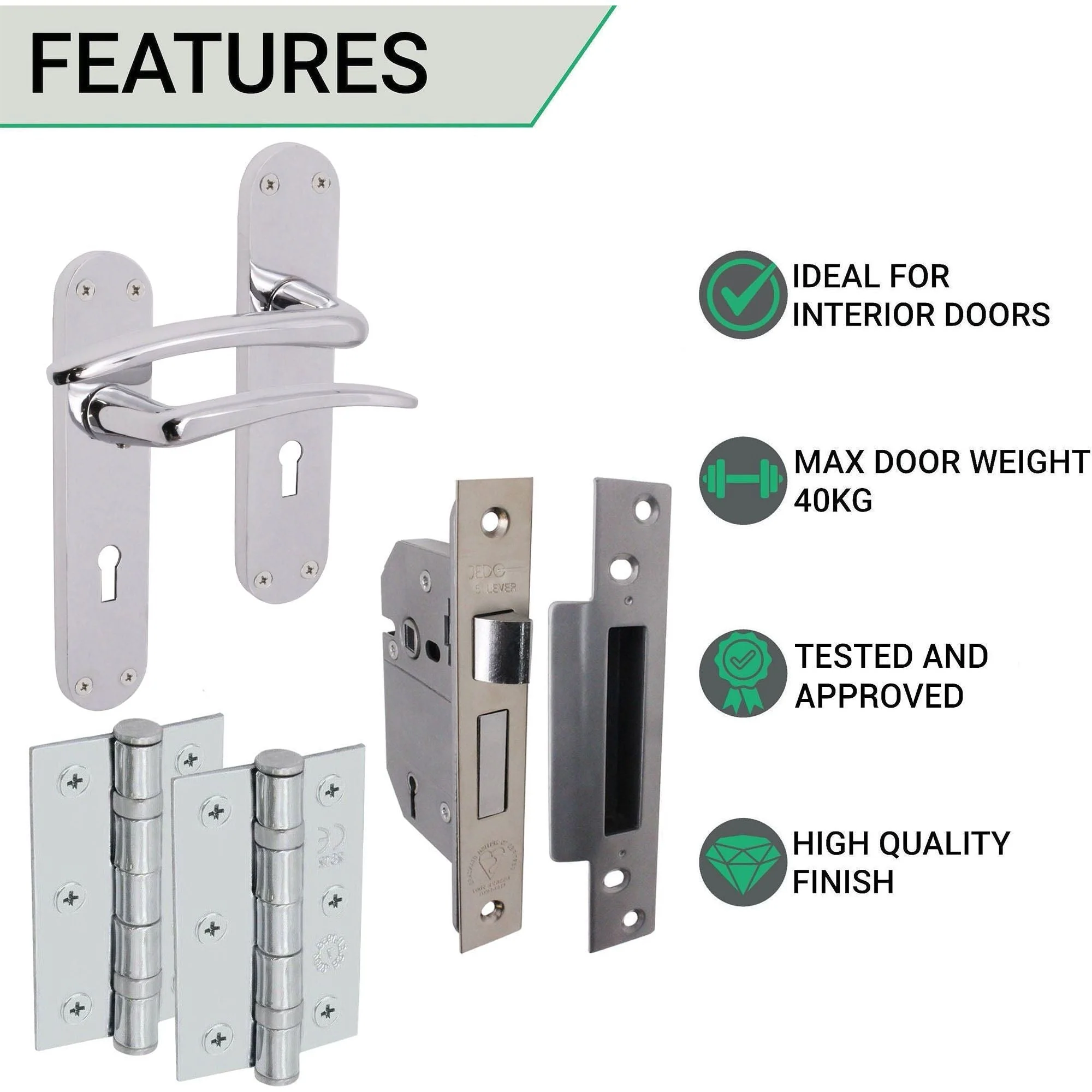 Chrome Lever on Backplate 5 Lever Lock Kit / Pack Zeno Design - 66mm Lock - 76mm Hinges - Polished Chrome - Image 3