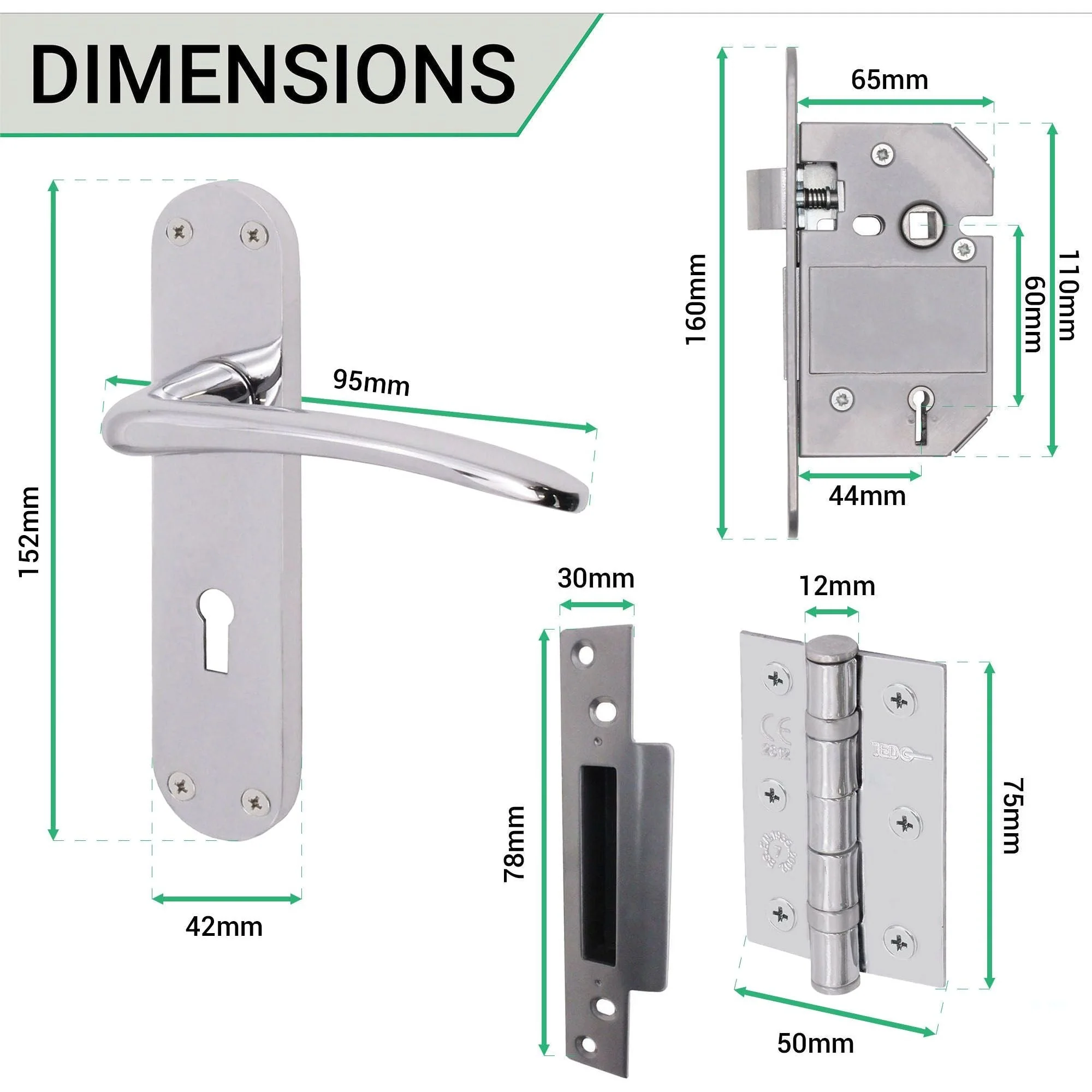 Chrome Lever on Backplate 5 Lever Lock Kit / Pack Zeno Design - 66mm Lock - 76mm Hinges - Polished Chrome - Image 4