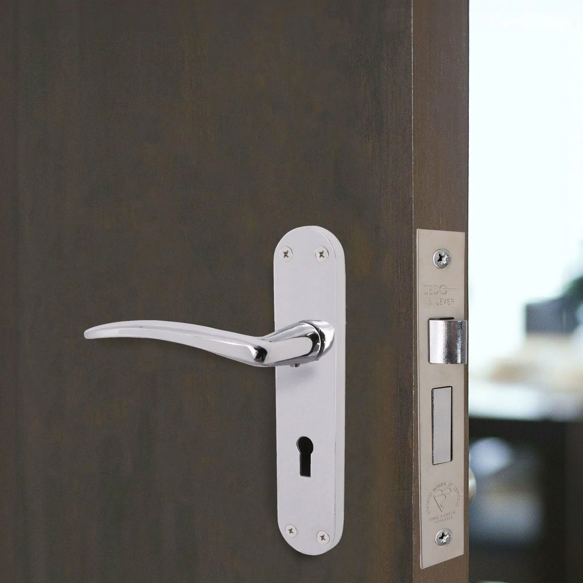 Chrome Lever on Backplate 5 Lever Lock Kit / Pack Zeno Design - 66mm Lock - 76mm Hinges - Polished Chrome - Image 6