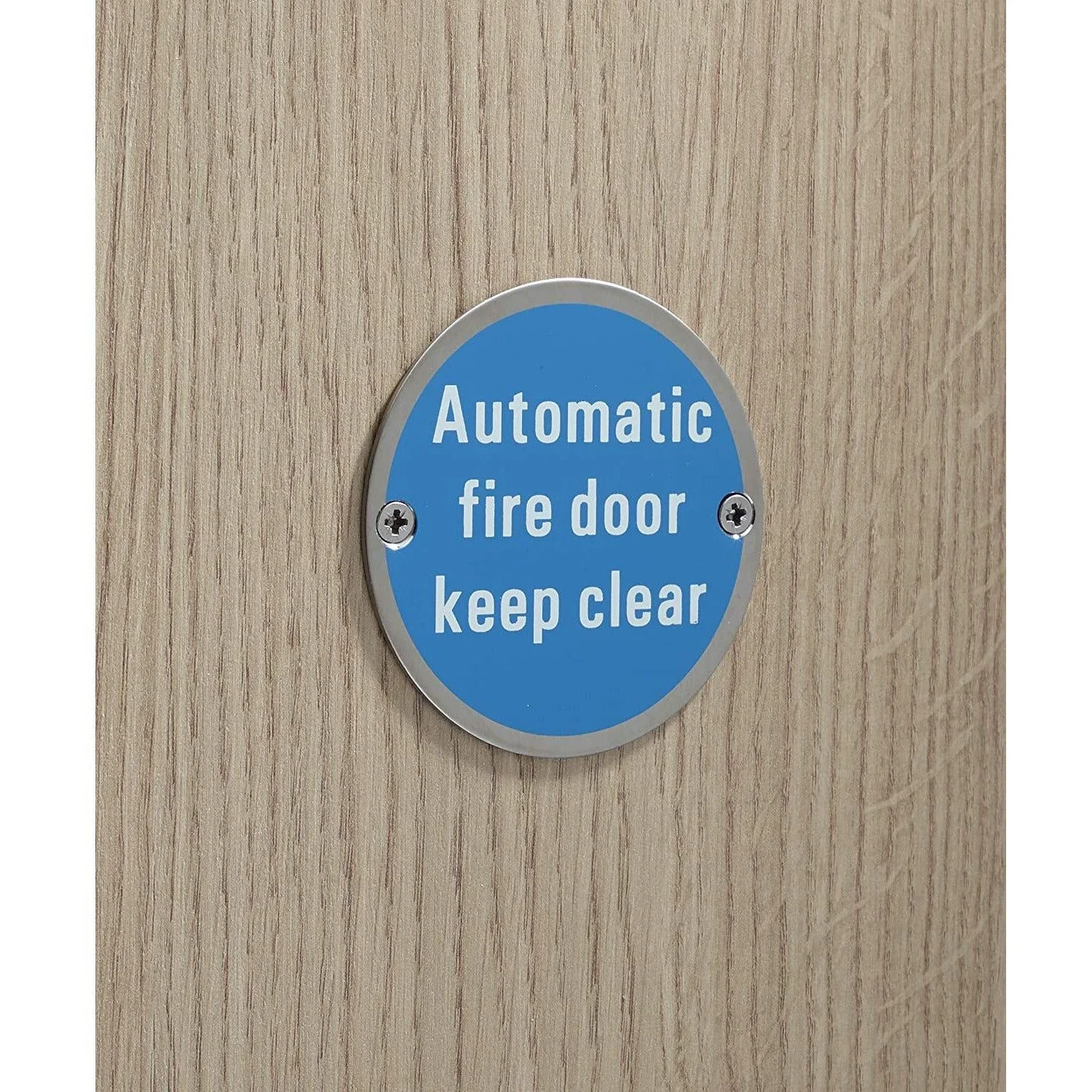 Circular Disc Fire Door Signage - 76mm x 1.5mm - Screw Fixed - Automatic Fire Door Keep Clear - Image 4