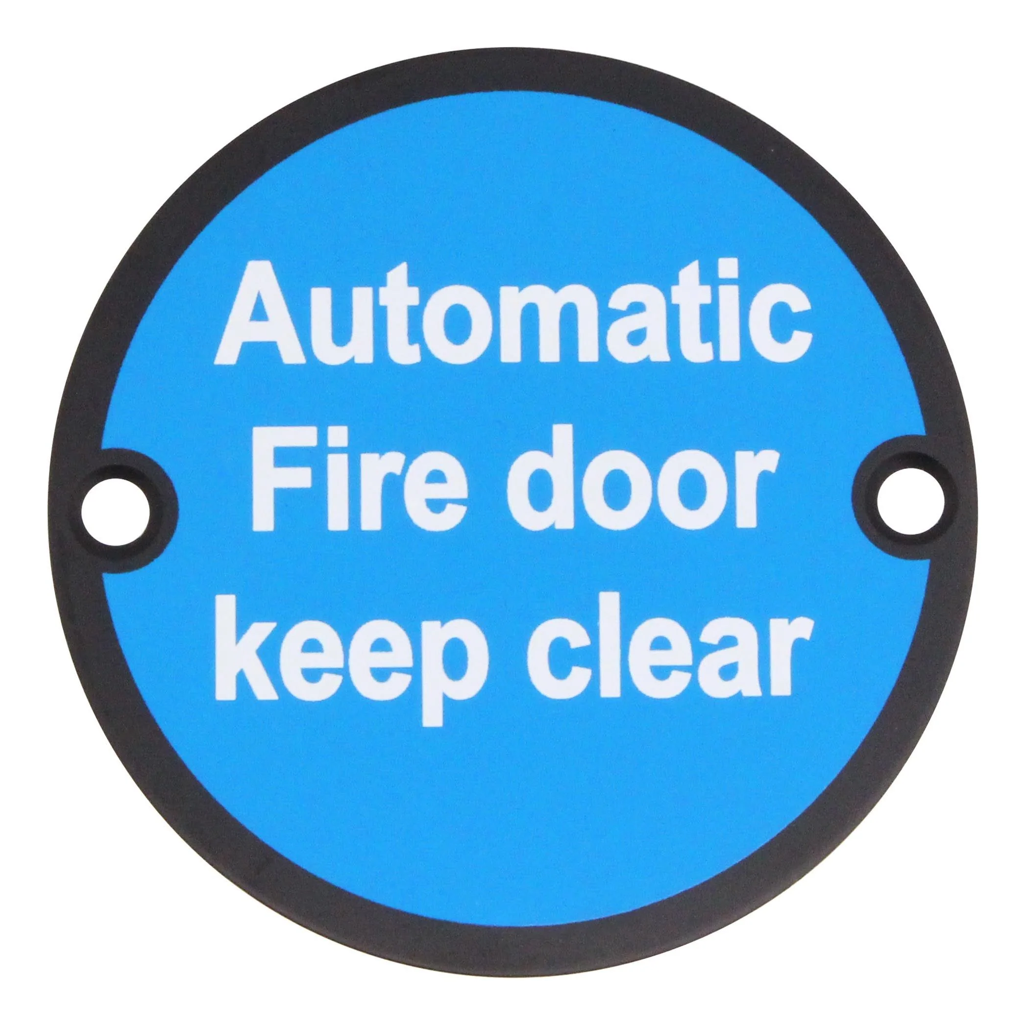 Circular Disc Fire Door Signage - 76mm x 1.5mm - Screw Fixed - Automatic Fire Door Keep Clear - Matt Black