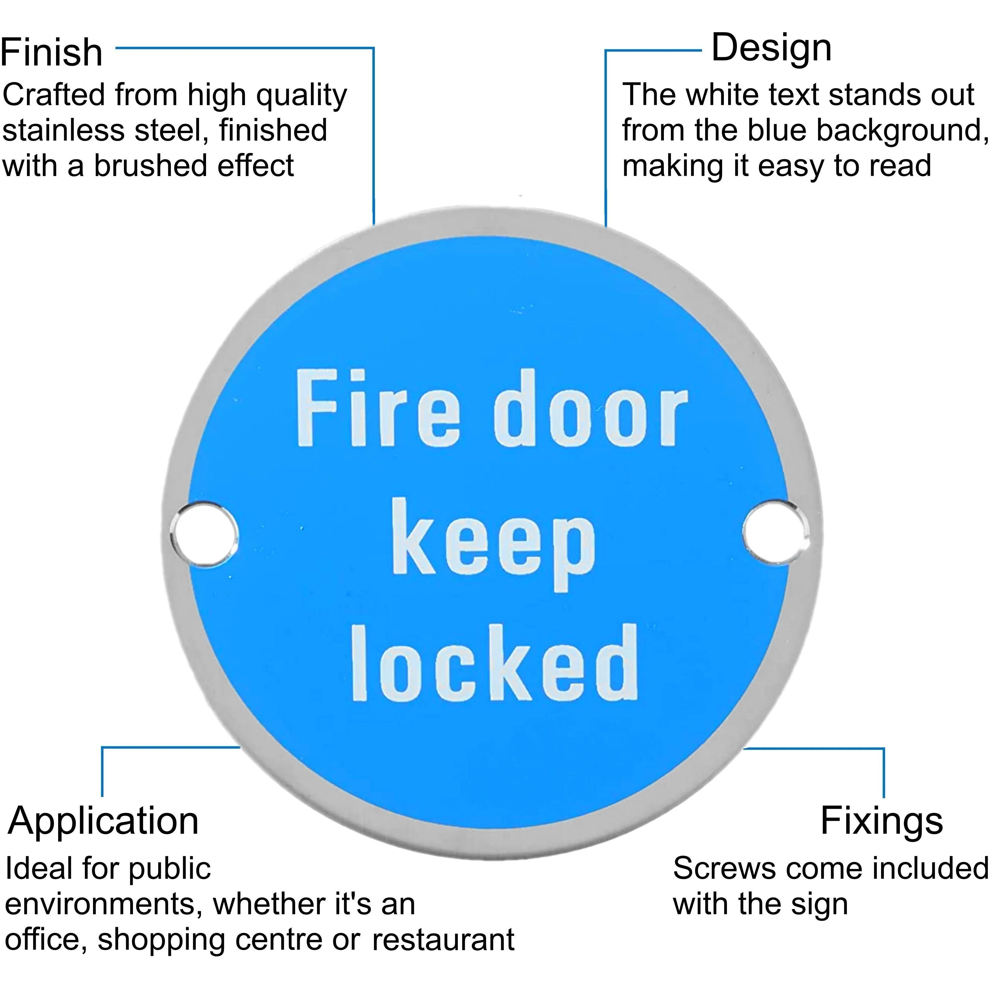 Circular Disc Fire Door Signage - 76mm x 1.5mm - Screw Fixed - Fire Door Keep Locked - Image 2