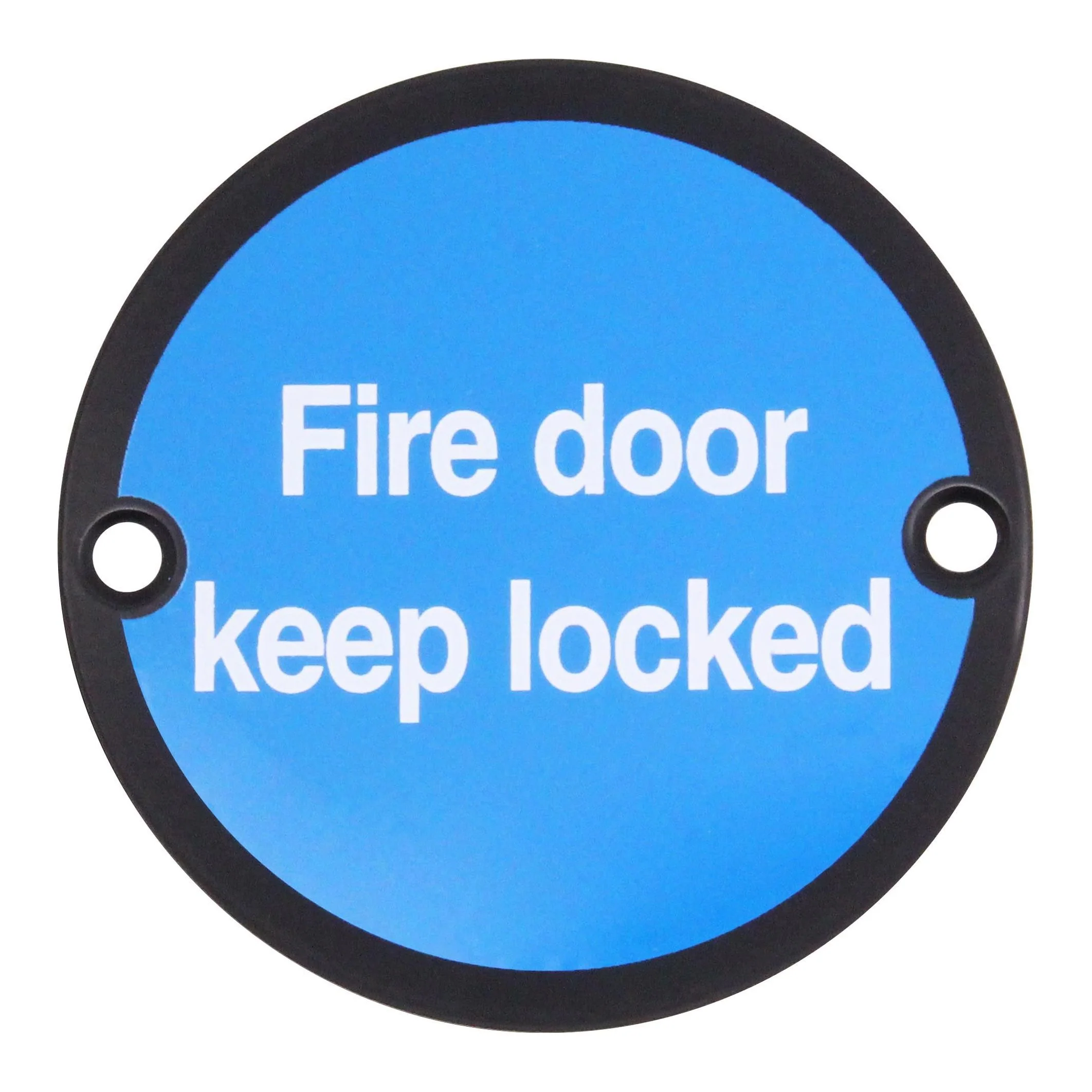 Circular Disc Fire Door Signage - 76mm x 1.5mm - Screw Fixed - Fire Door Keep Locked - Matt Black