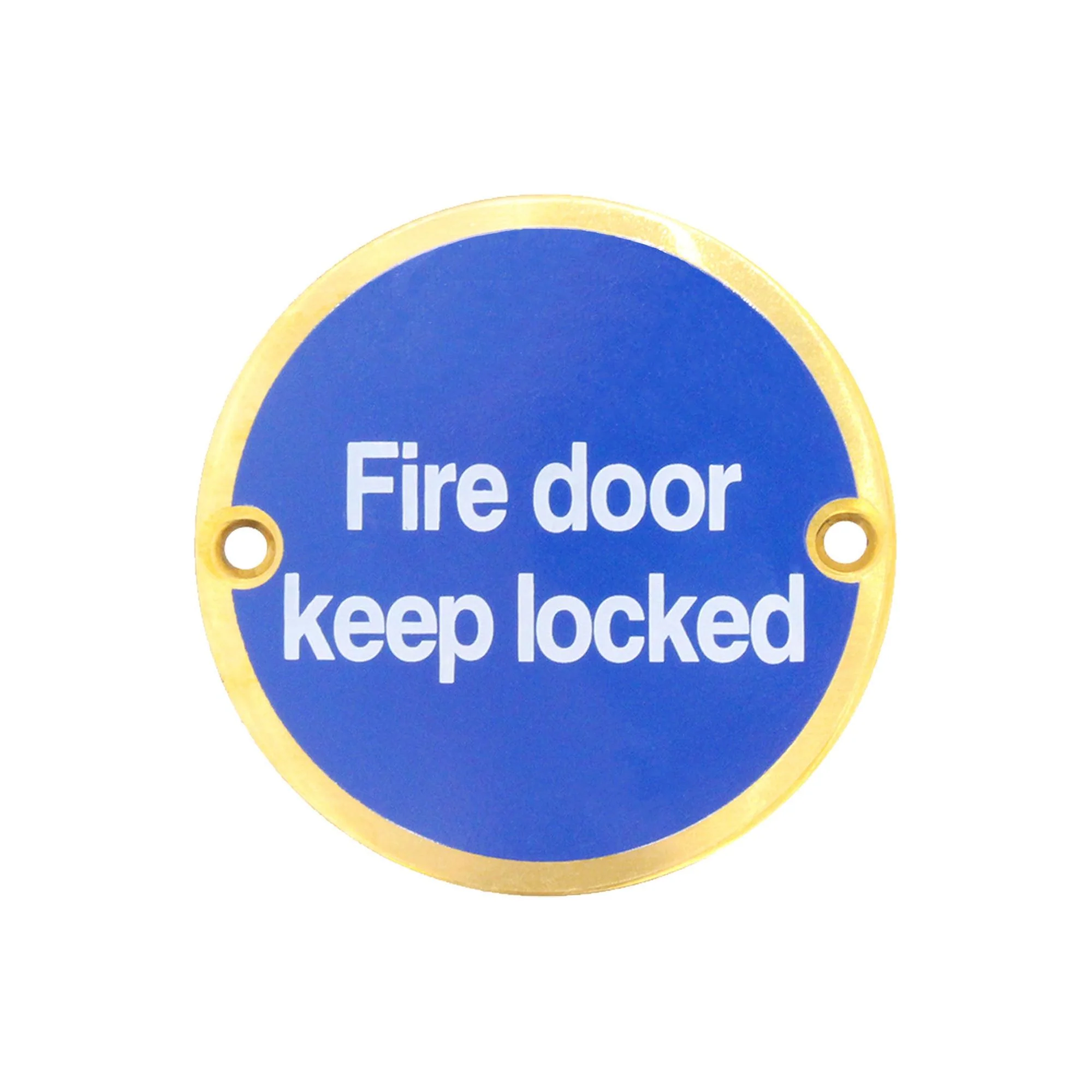 Circular Disc Fire Door Signage - 76mm x 1.5mm - Screw Fixed - Fire Door Keep Locked - Polished Brass
