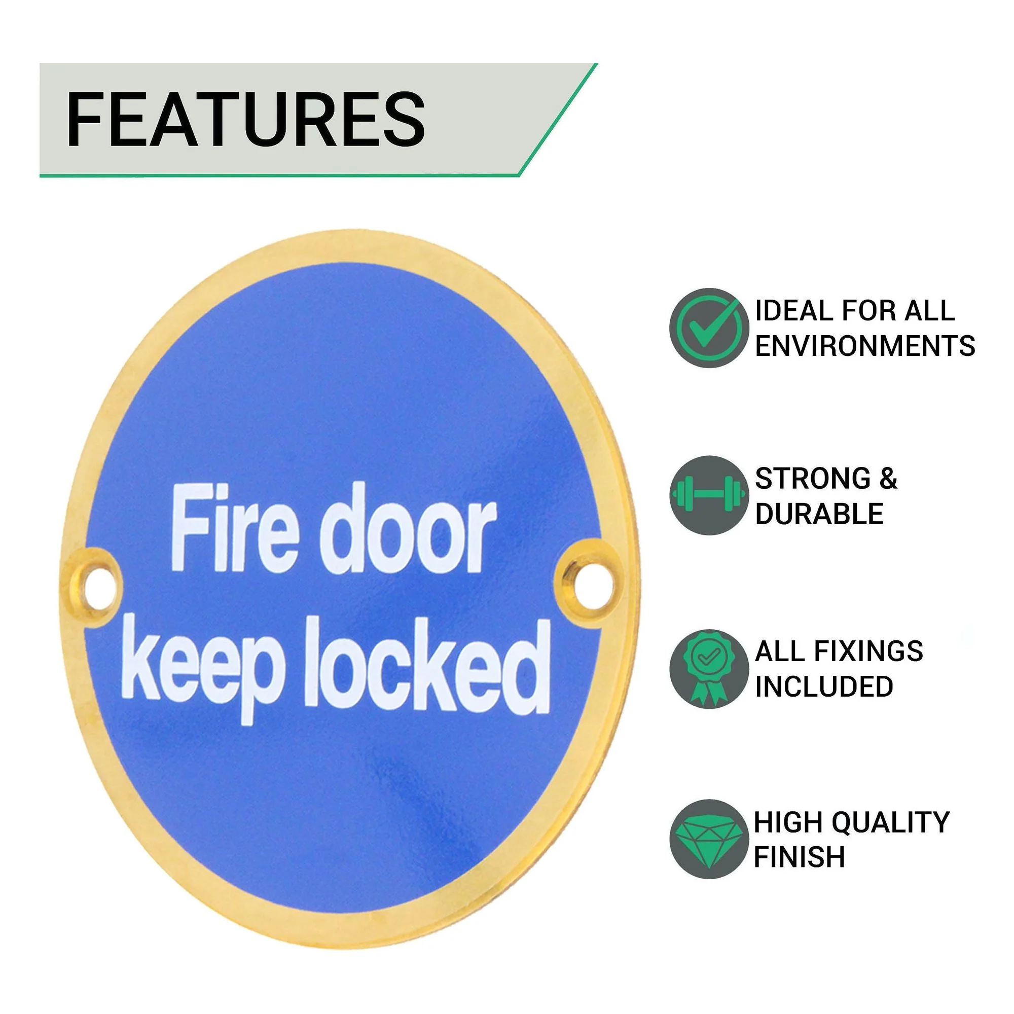 Circular Disc Fire Door Signage - 76mm x 1.5mm - Screw Fixed - Fire Door Keep Locked - Polished Brass - Image 2